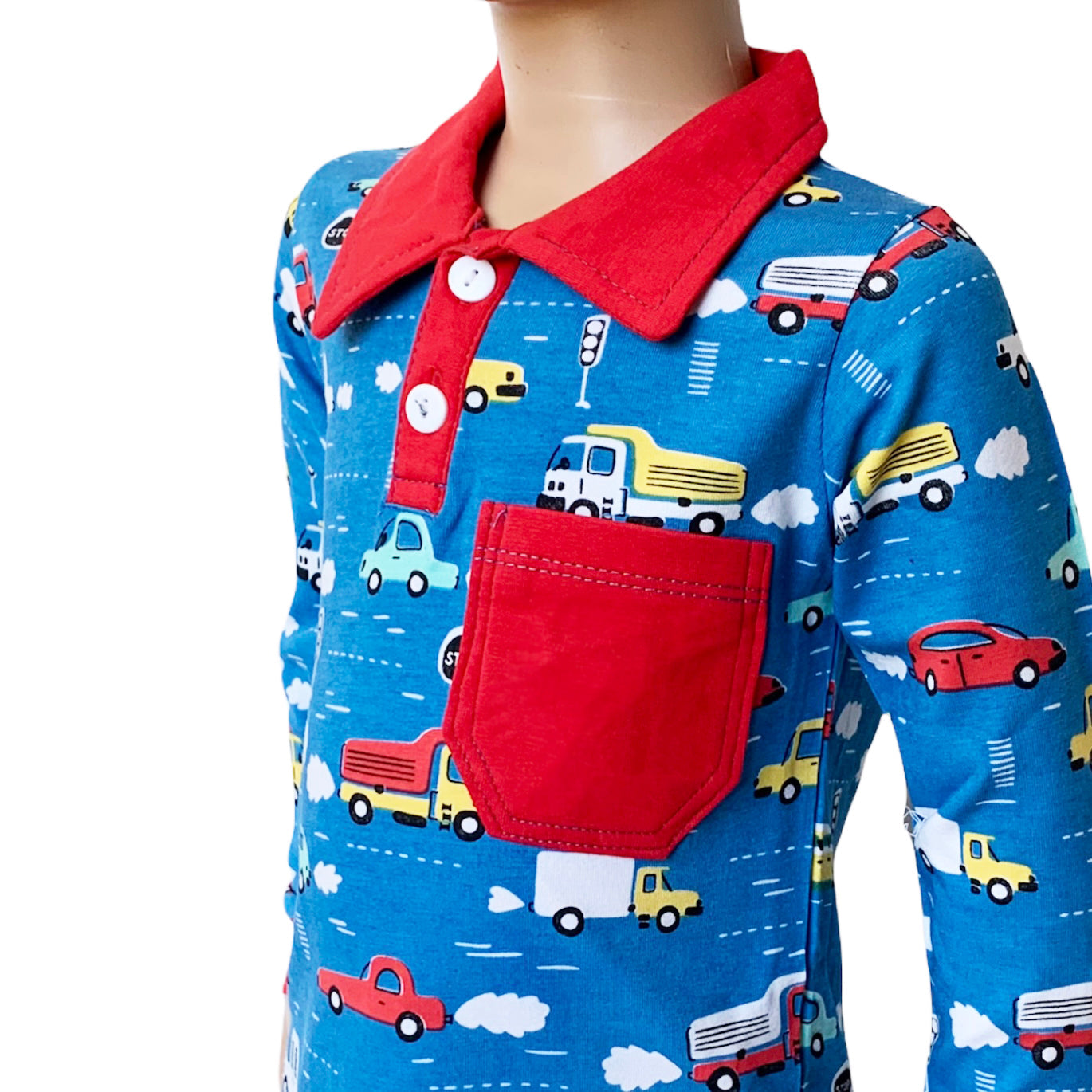 AnnLoren Toddler & Big Boys Long Sleeve Polo Shirt with Pocket Automobile Print-1