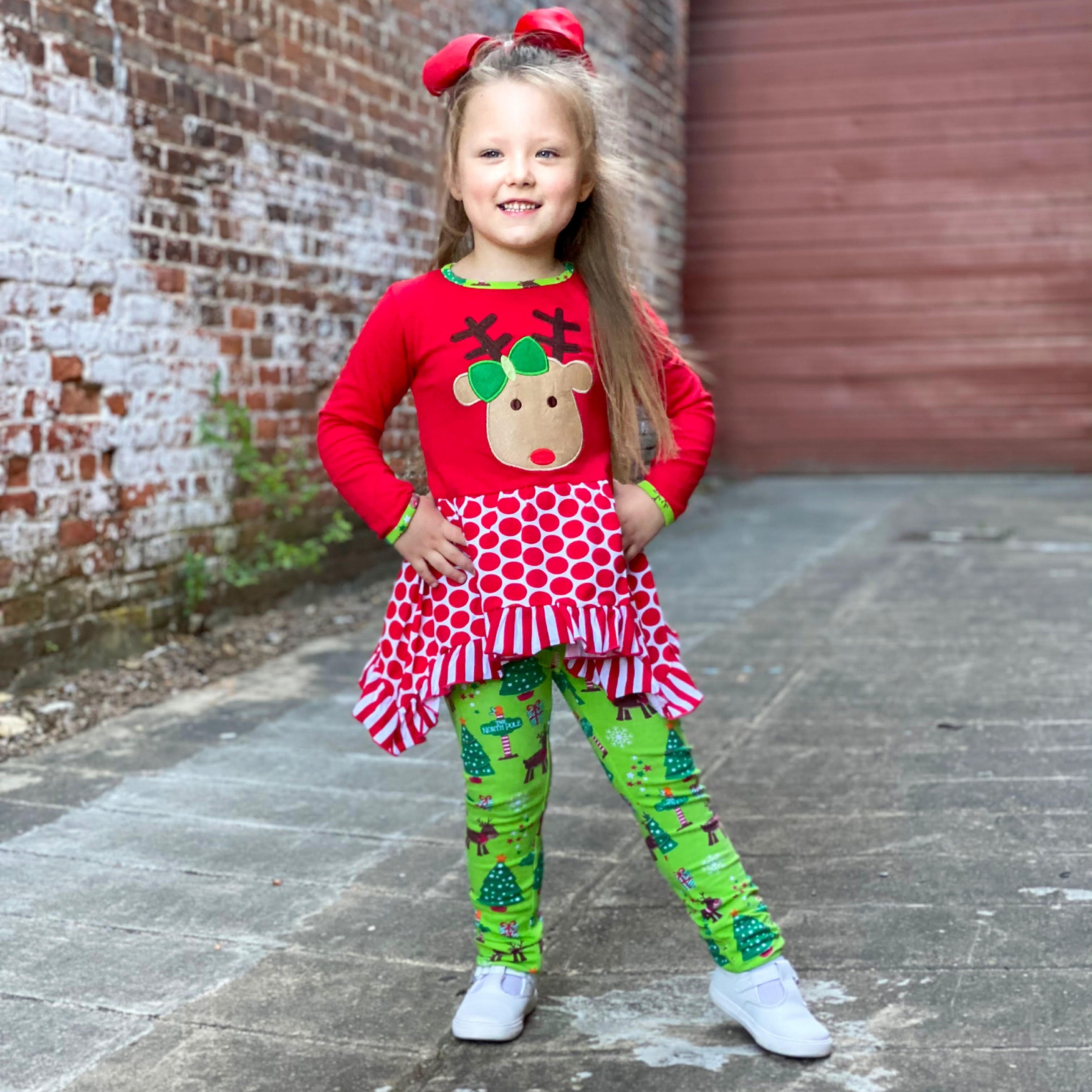 AnnLoren Girls Christmas Reindeer Tunic and Holiday Legging Set-2
