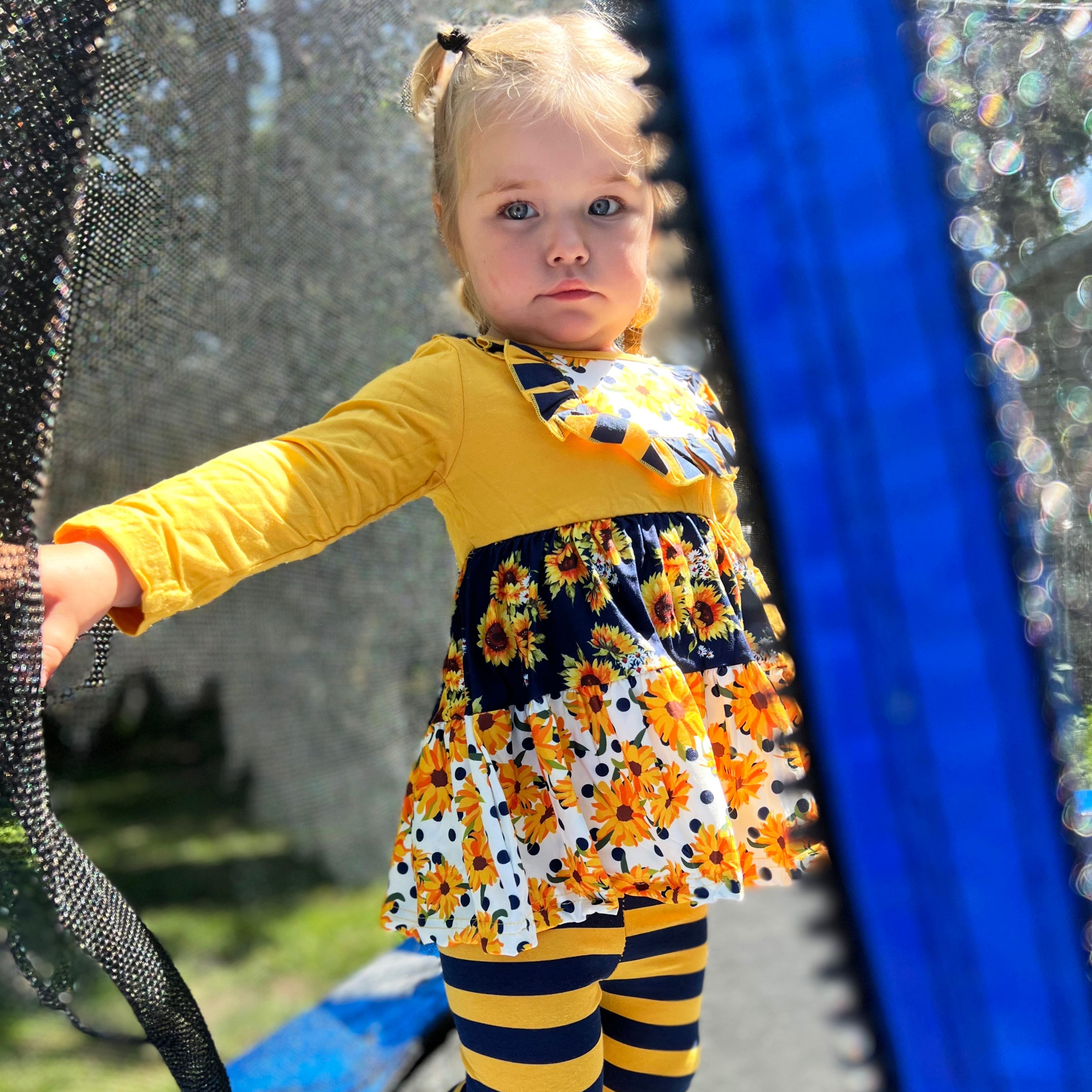 Girls Gold & Navy Floral Fall Long Sleeve Ruffle Shirt & Pants