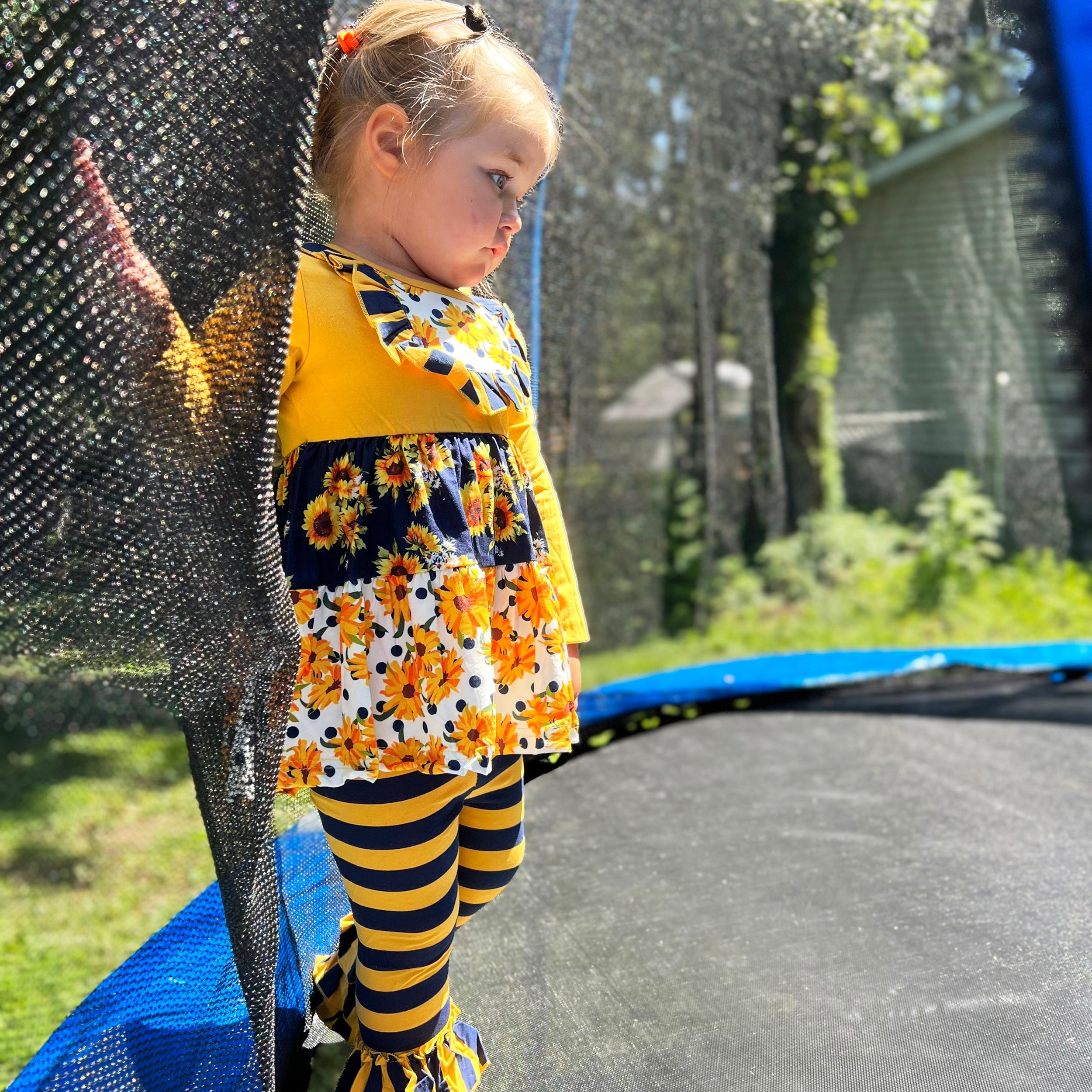 Girls Gold & Navy Floral Fall Long Sleeve Ruffle Shirt & Pants