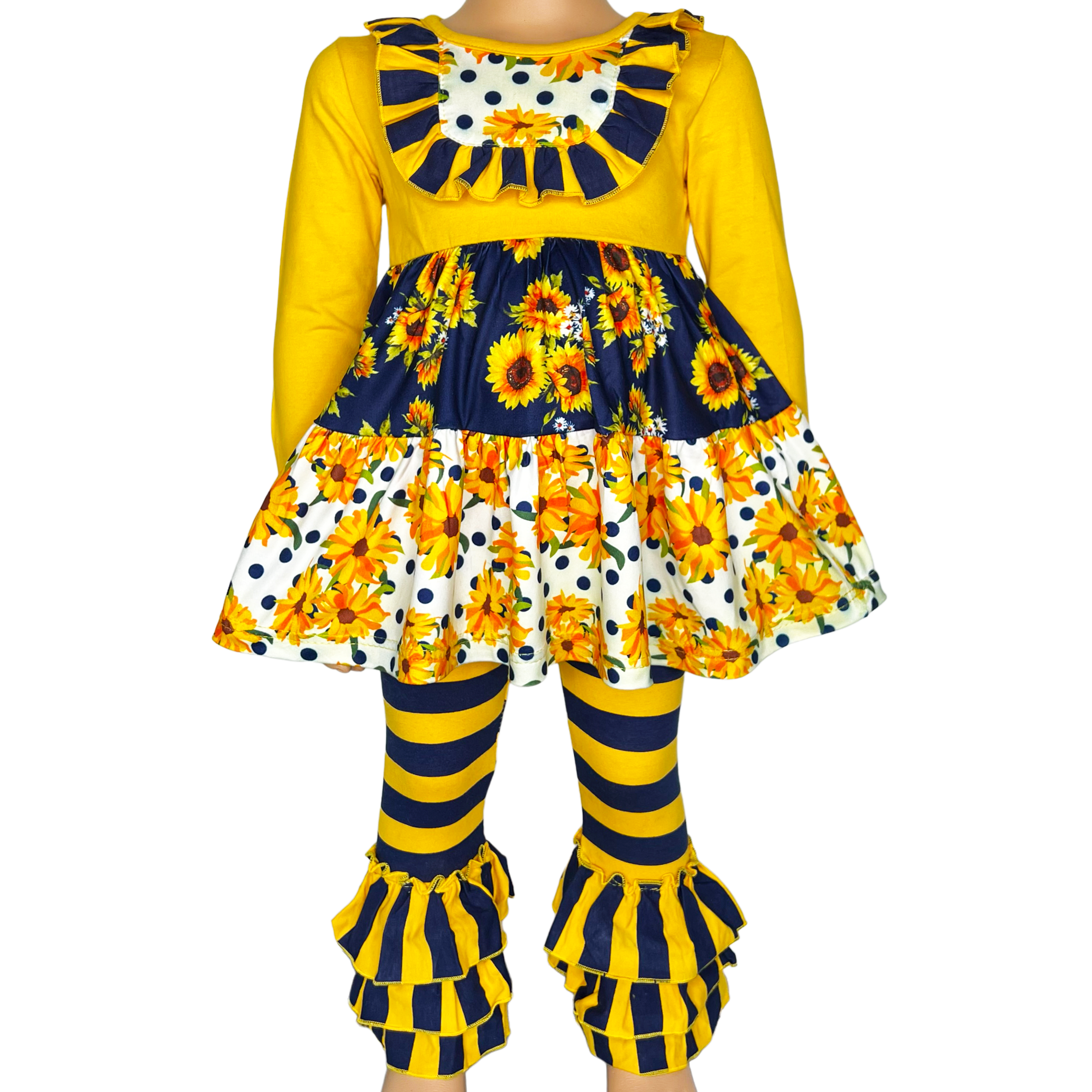 Girls Gold & Navy Floral Fall Long Sleeve Ruffle Shirt & Pants