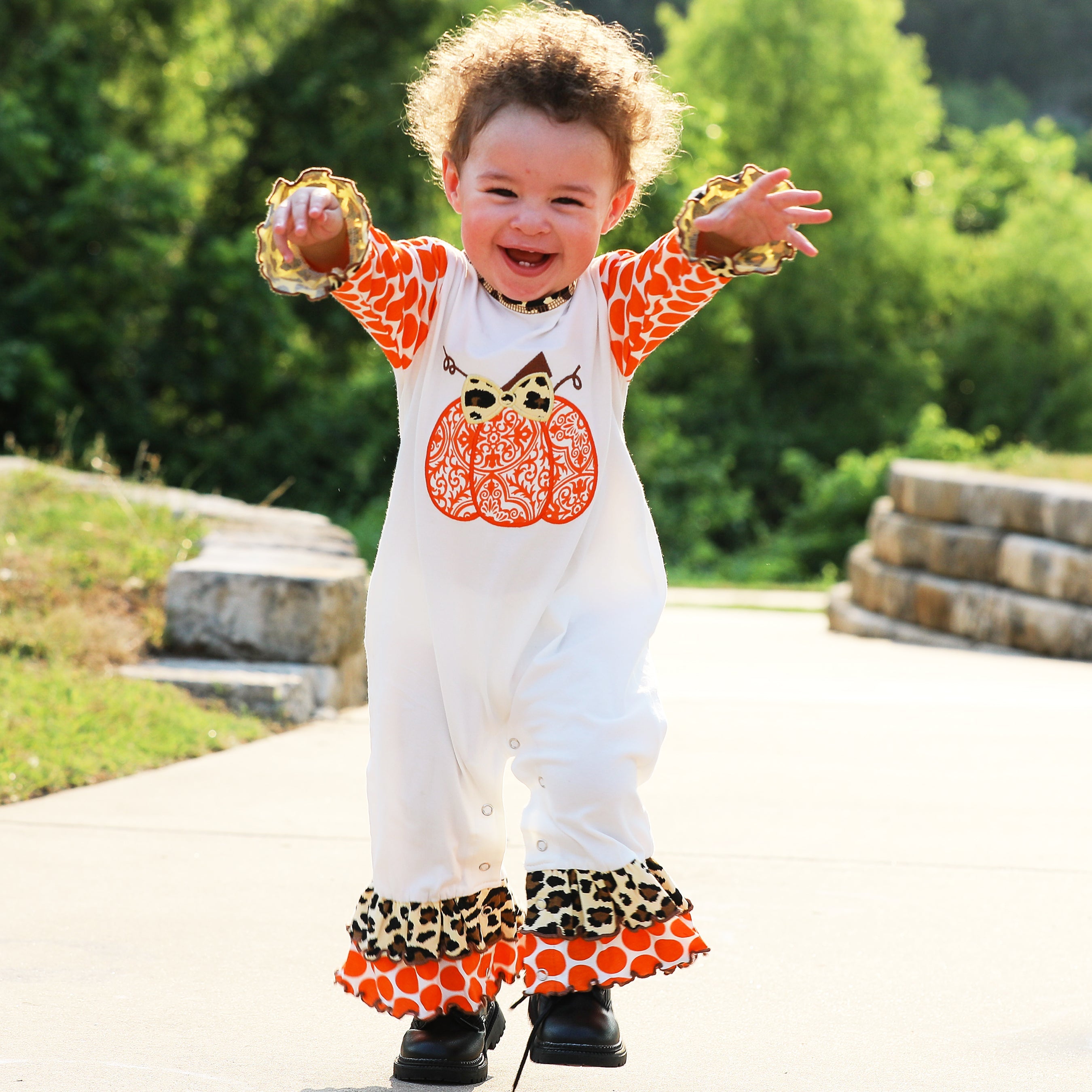 AnnLoren Baby Girls Orange pumpkin Autumn Holiday Cotton Romper-1