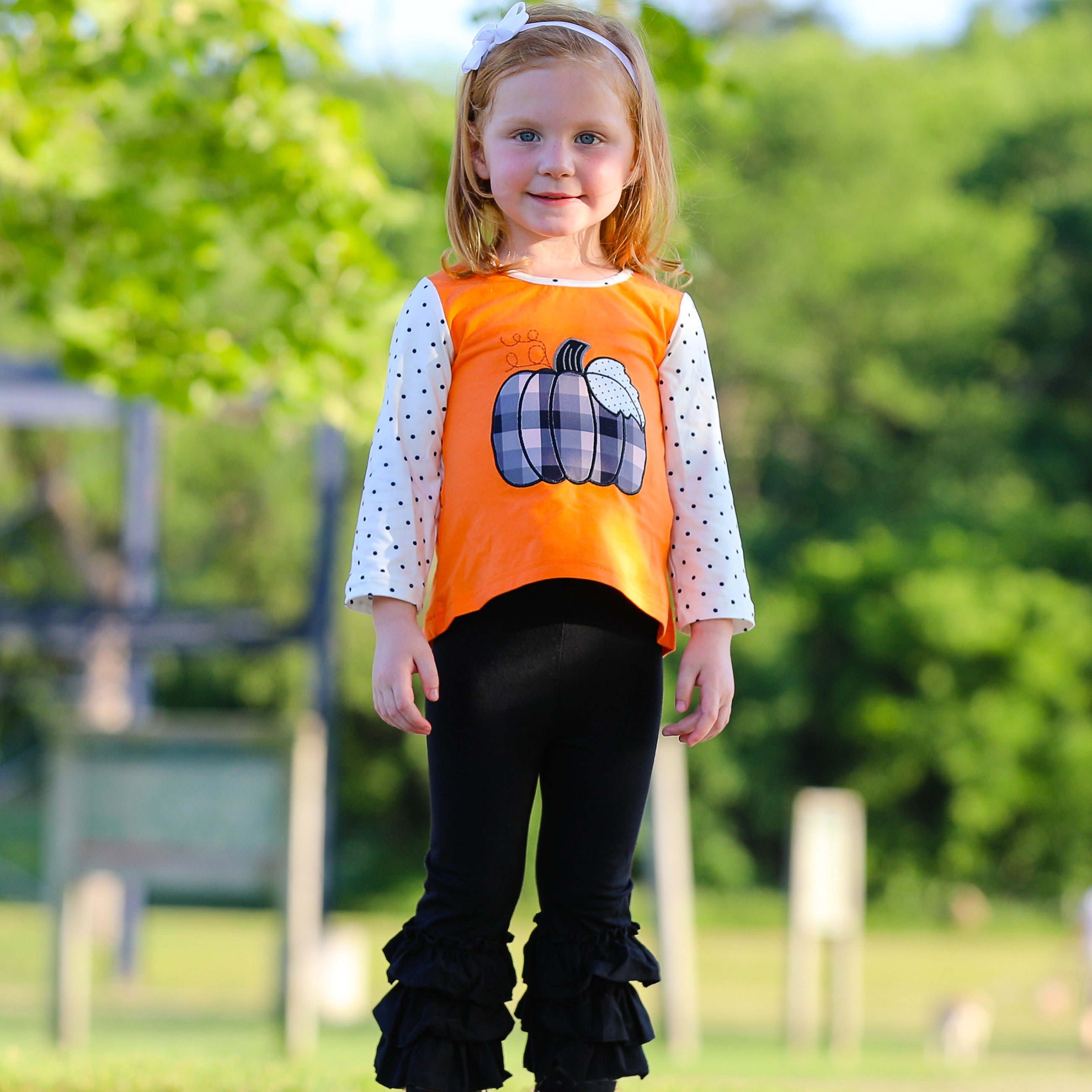 Girls Orange Pumpkin Top & Black Ruffle Pants Halloween Thanksgiving Outfit