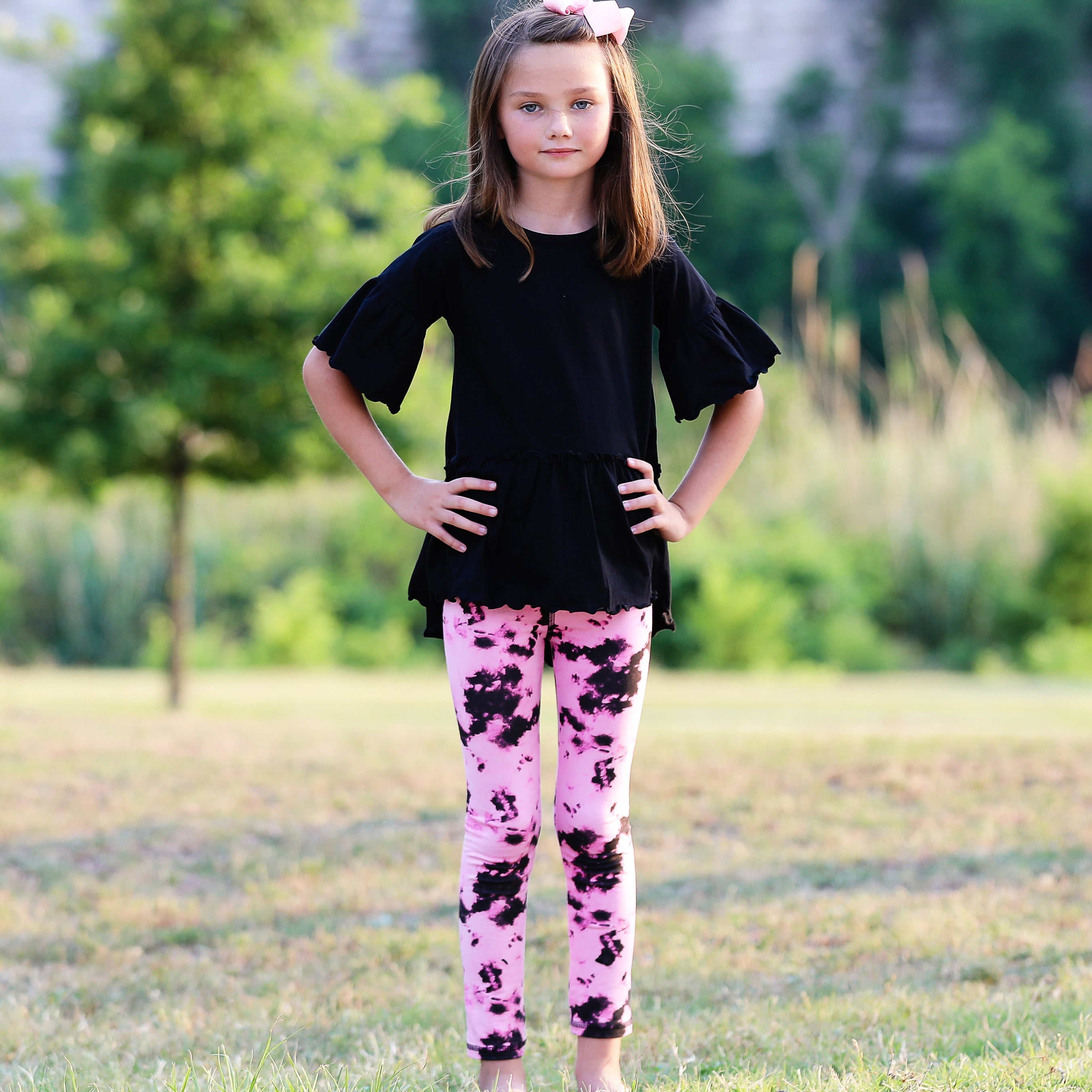 AnnLoren Baby Toddler Big Girls Boutique Black and Pink Tie Dye Leggings