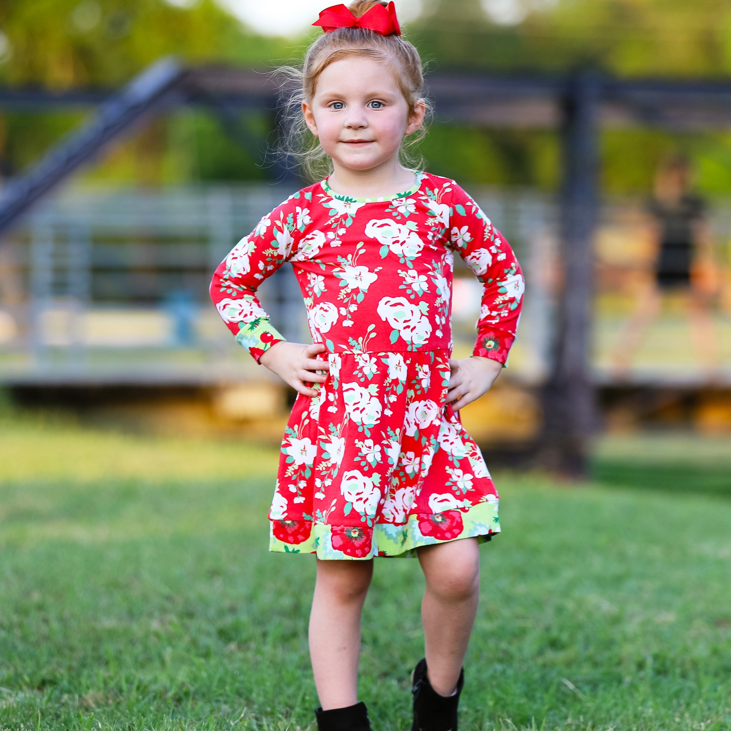 AnnLoren Girls Boutique Christmas Floral Long Sleeve Cotton Party Dress
