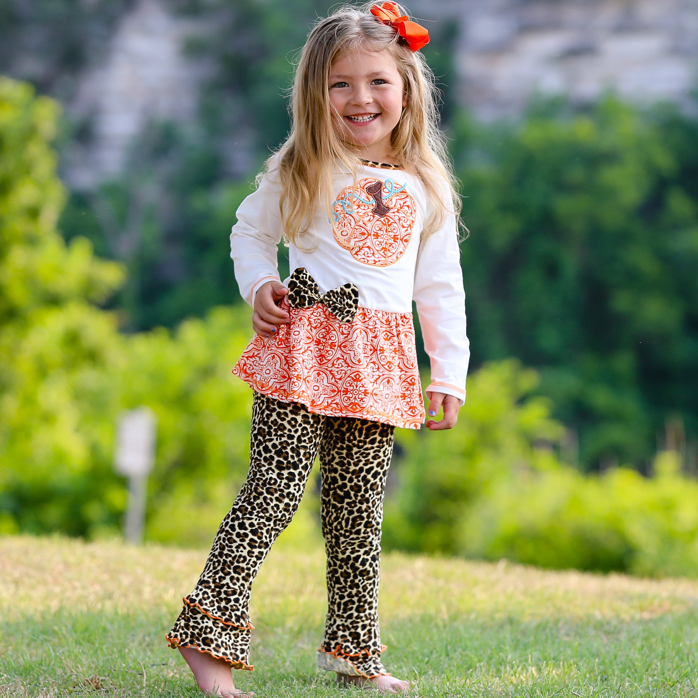 AnnLoren Girls Autumn Orange Pumpkin Leopard Tunic Thanksgiving Outfit-1