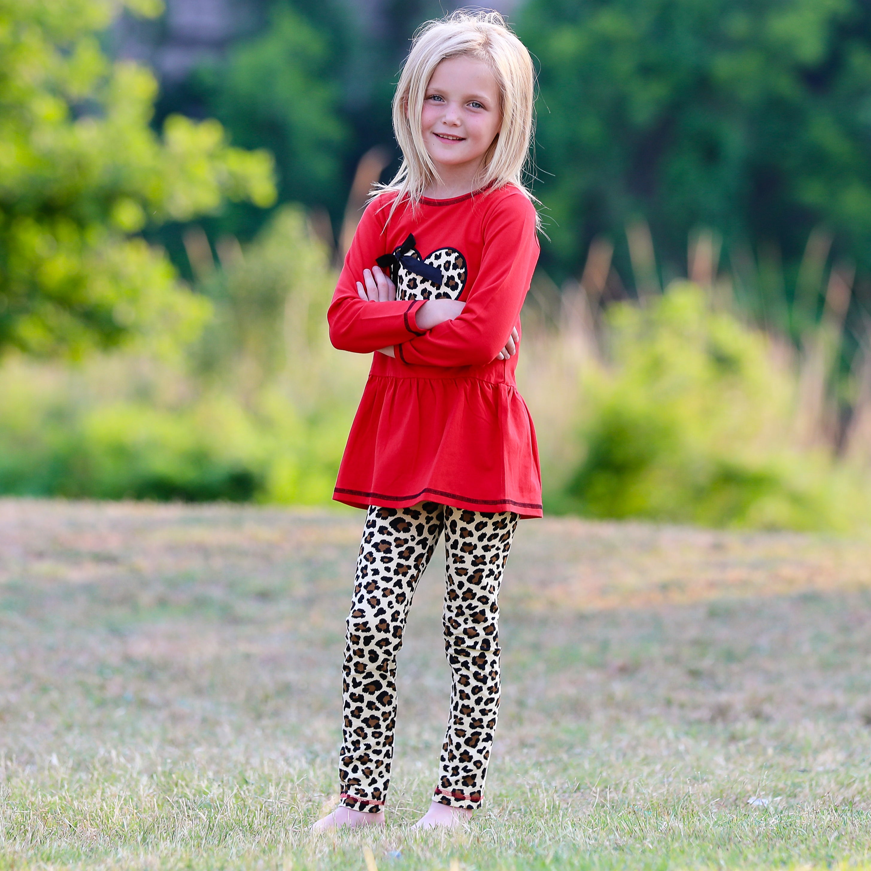 AnnLoren Girls Leopard Heart Holiday Dress Tunic & Leggings Set Outfit