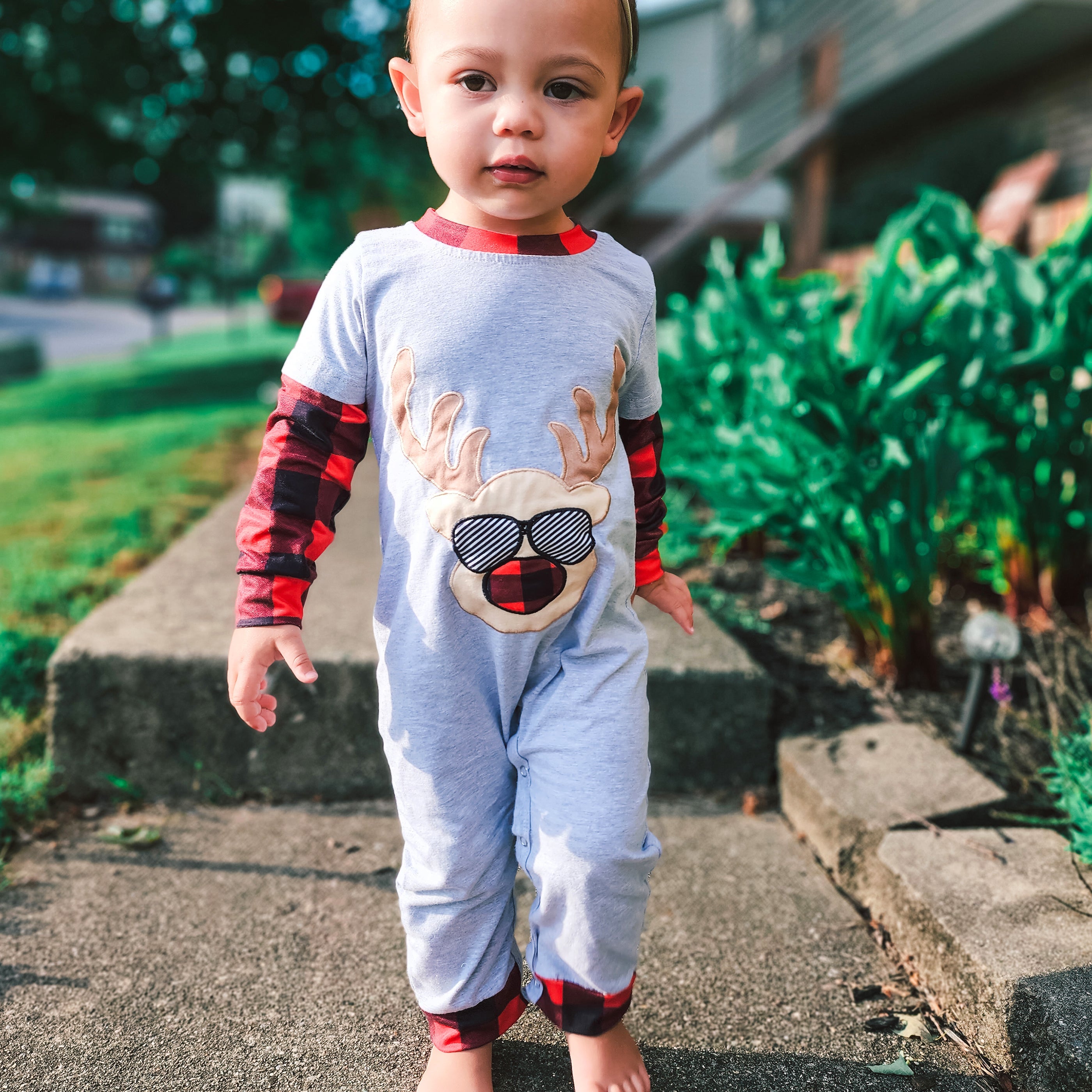 Baby Boys Unisex Holiday Christmas Reindeer Plaid Cotton Romper-1