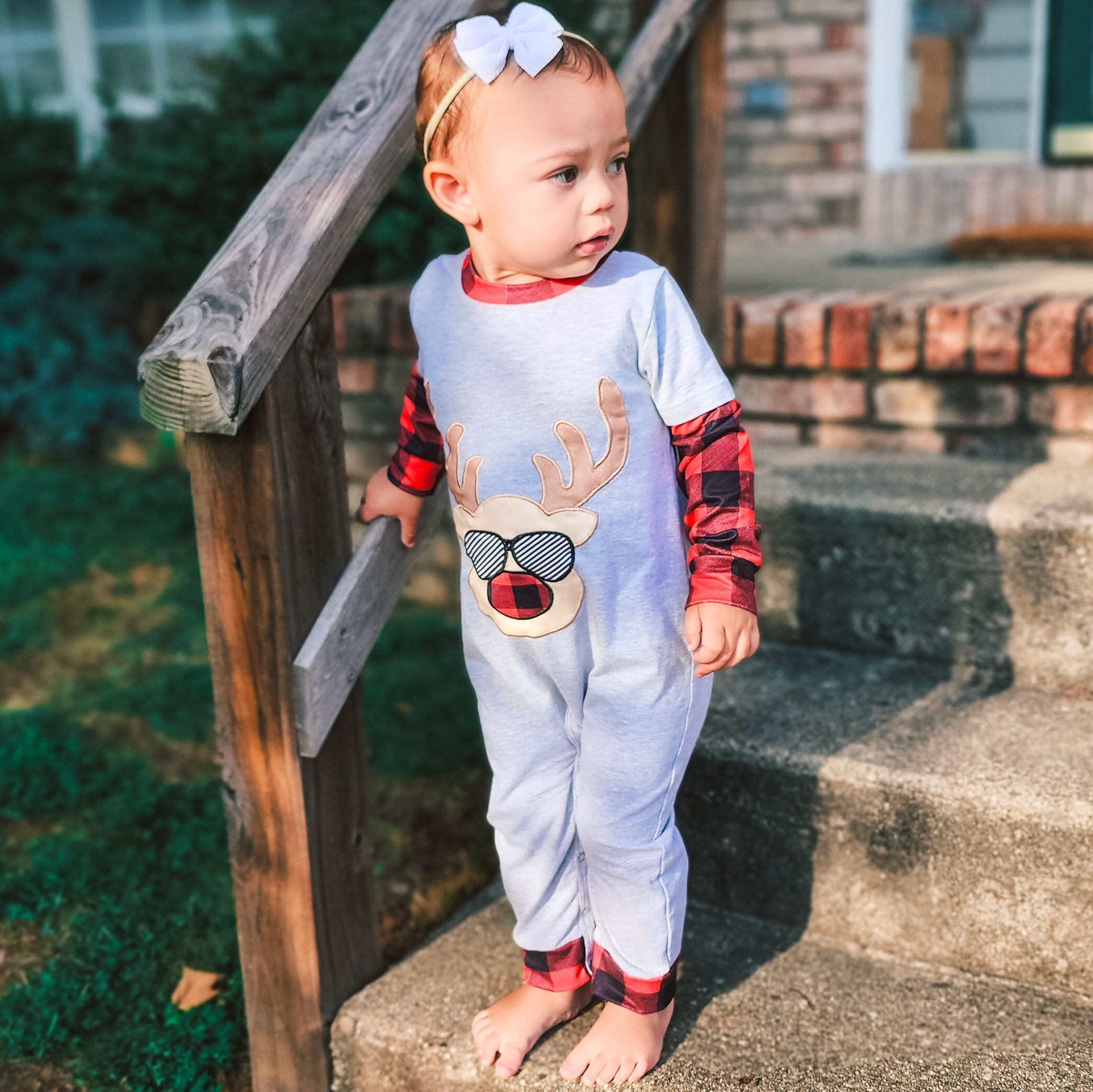 Baby Boys Unisex Holiday Christmas Reindeer Plaid Cotton Romper-3