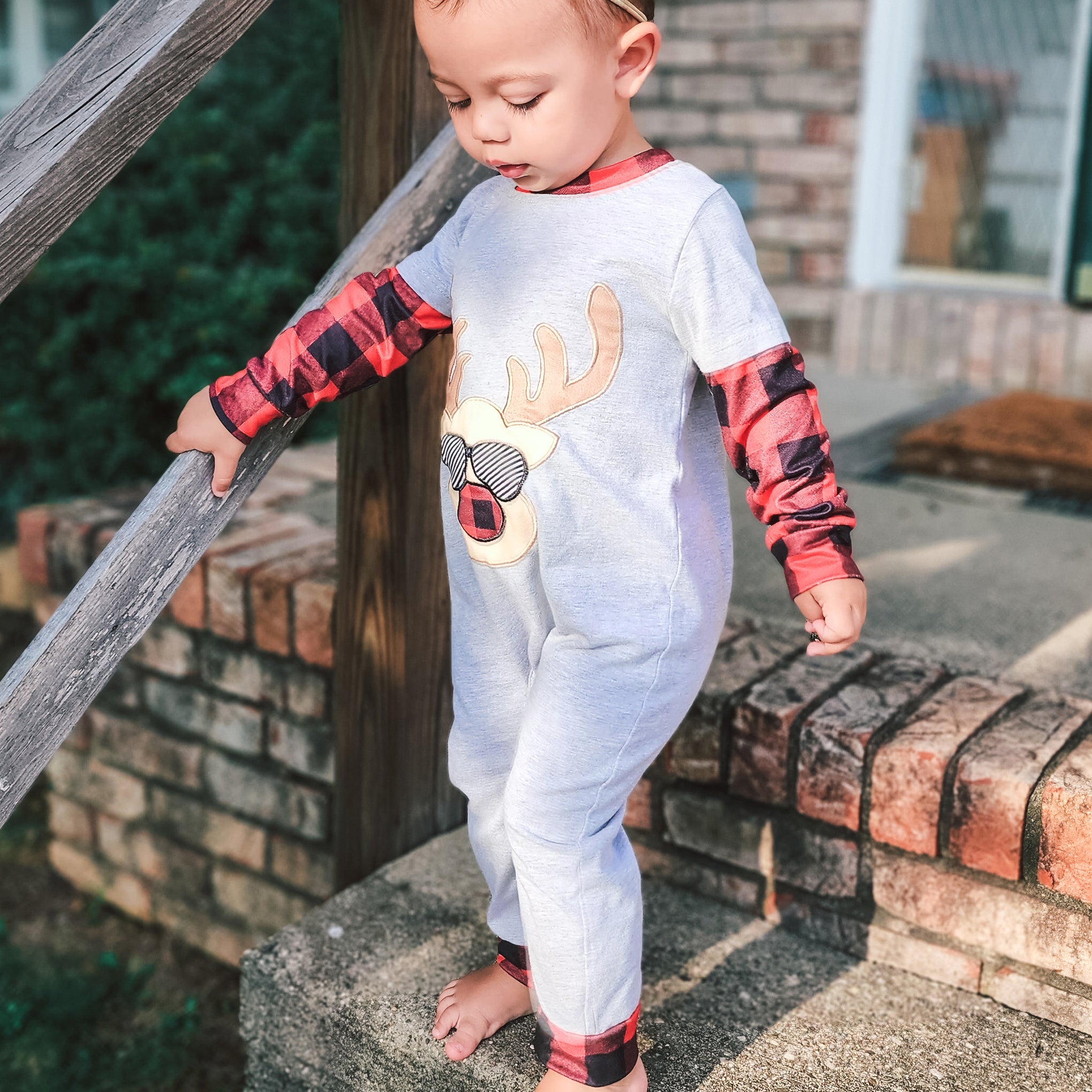 Baby Boys Unisex Holiday Christmas Reindeer Plaid Cotton Romper-2