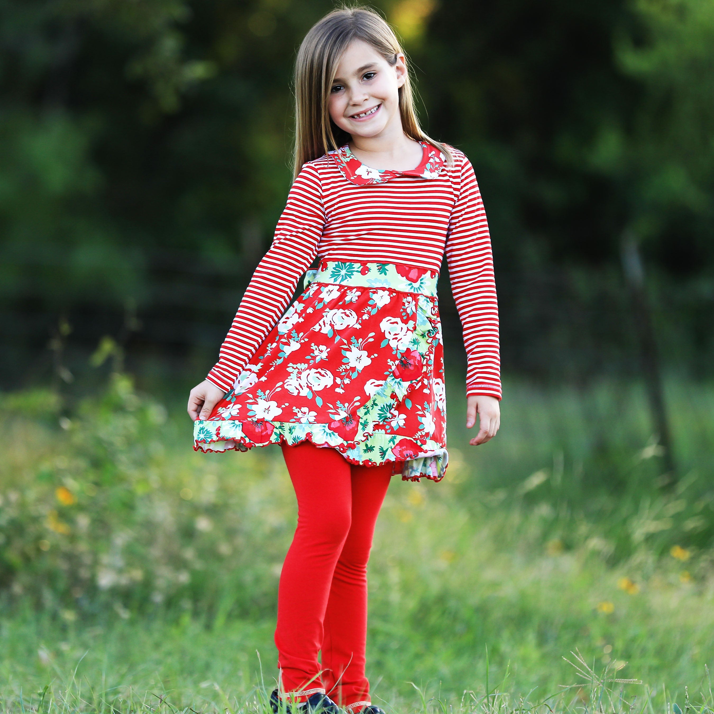 Ann Loren Girls Boutique Red Christmas Floral Holiday Dress Legging Set