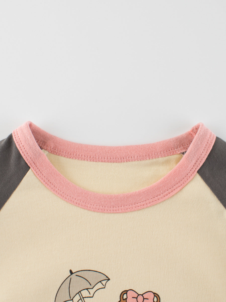 Autumn Arrival Kids Girls Cartoon Print Crew Neck Long Sleeves Color Patchwork Shirt-1