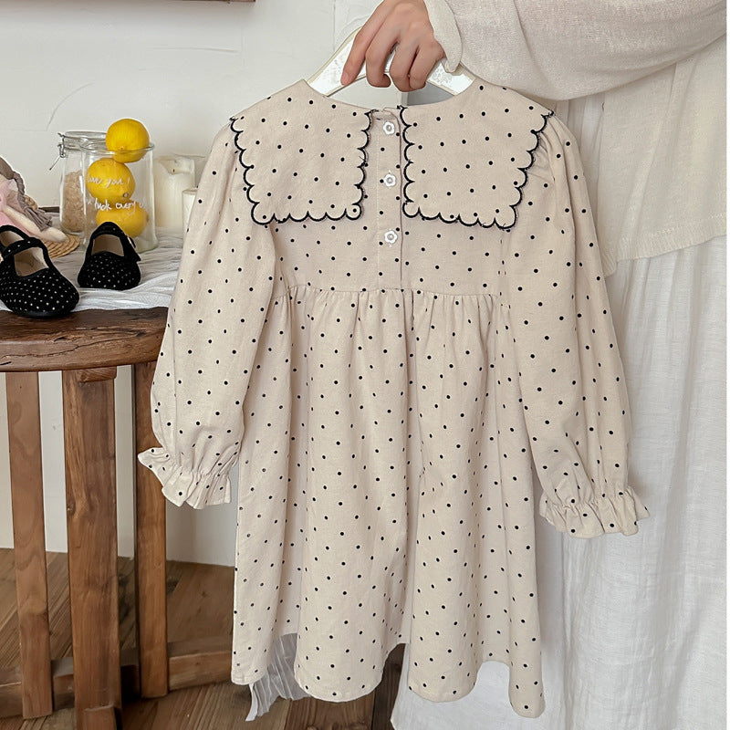 Arrival Autumn Girls Vintage Crew Neck Long Sleeves Dots Print and Flowers Embroidery Pattern Dress-2