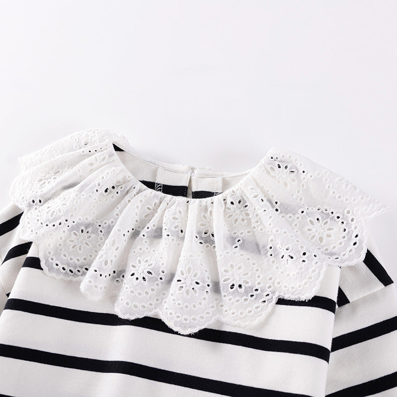 Spring and Autumn Girls Striped Pattern Long Sleeves Sweatshirt and Black Pants Clothing Set-1