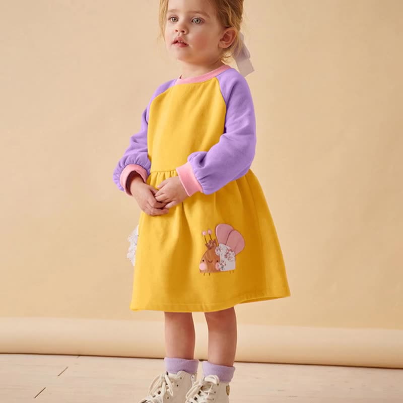 Autumn and Winter Arrival Cartoon Pattern Color Patchwork Long Sleeves Crew Neck Dress for Stylish Girls-1