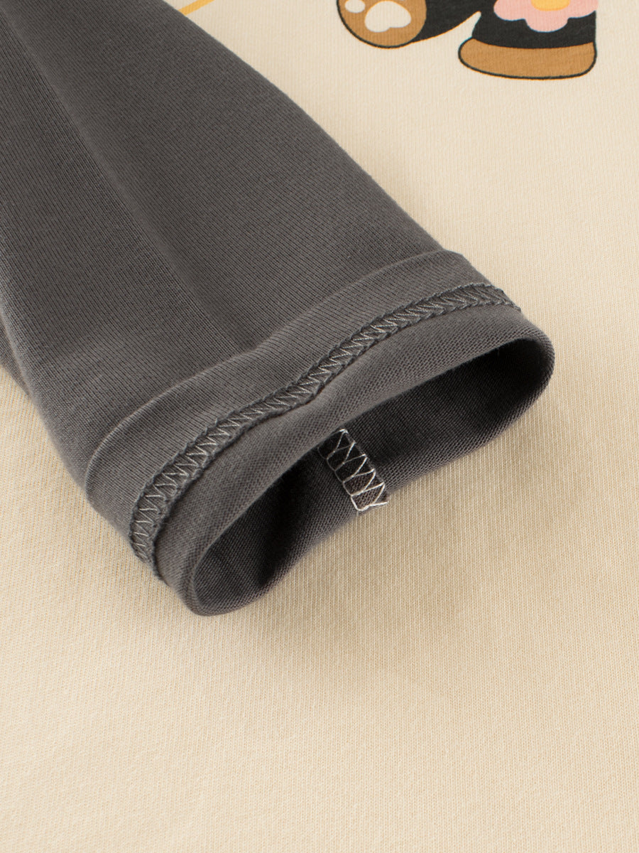 Autumn Arrival Kids Girls Cartoon Print Crew Neck Long Sleeves Color Patchwork Shirt-3