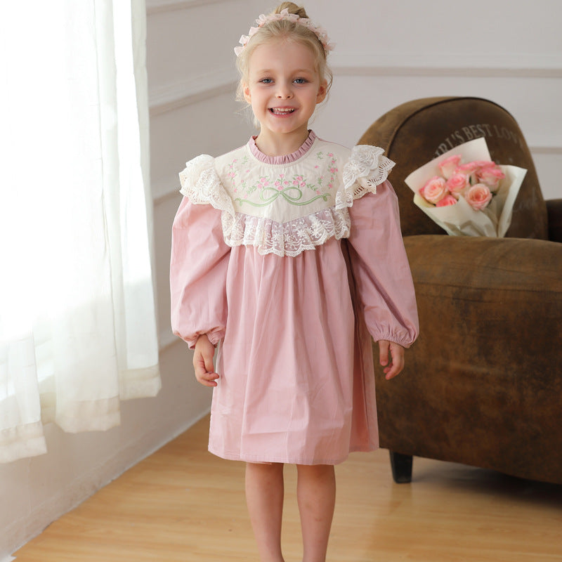 Design Autumn Girls Flowers Embroidery Pattern Long Sleeves French Style Lace Trim Dress-3