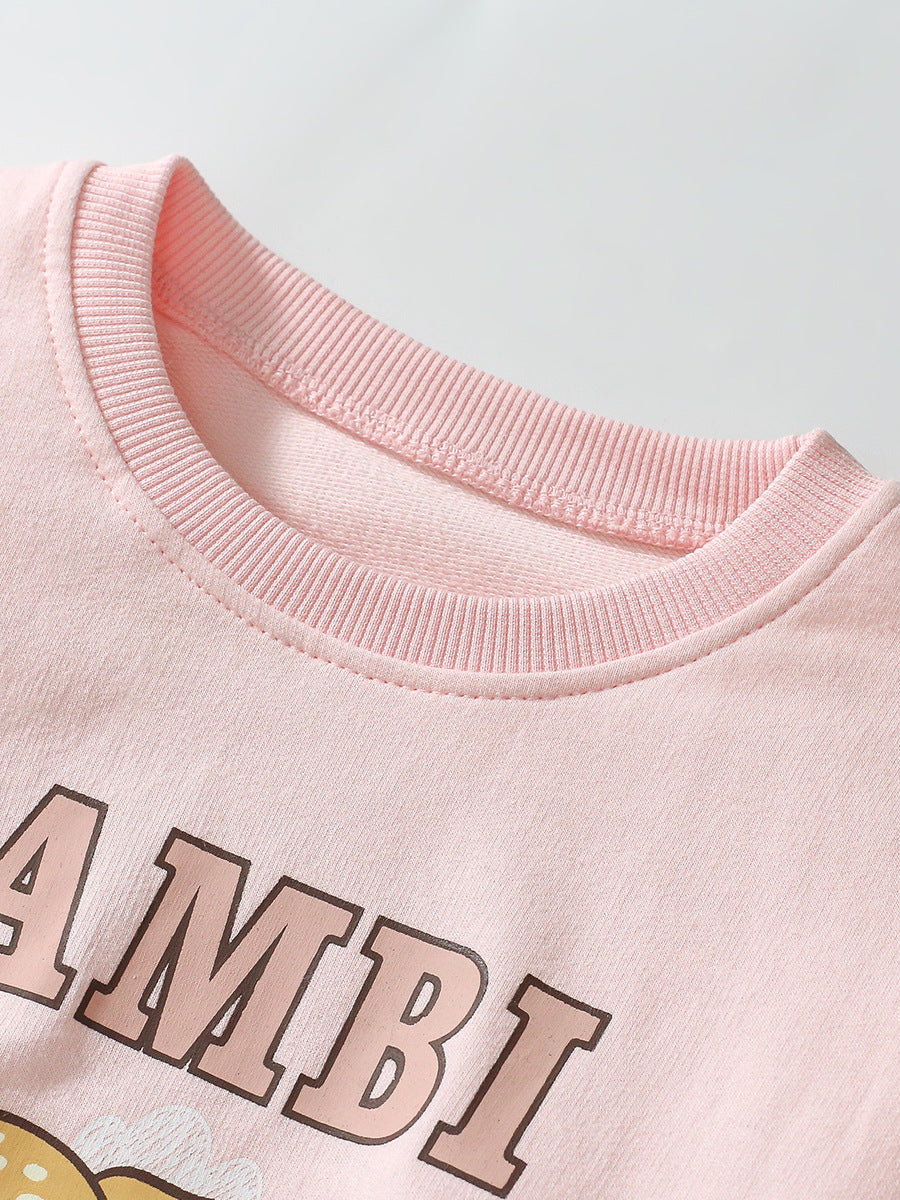 Spring And Autumn Girls Cute Cartoon Little Bambi Print Top Sweatshirt And Solid Color Pants-3