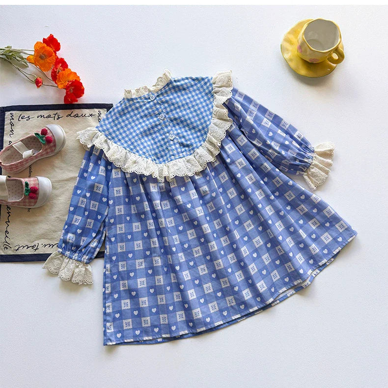 Arrival Girls Autumn Teddy Bear and Plaid Pattern Long Sleeves Dress-2