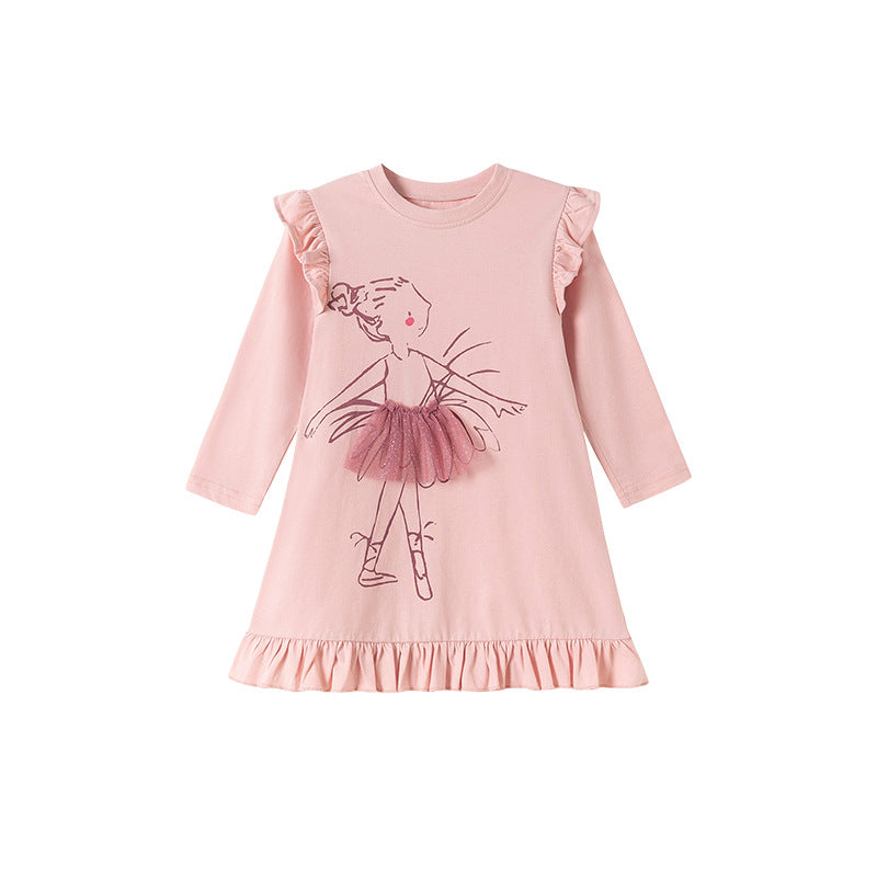 Autumn and Spring Arrival Tulle Decorated Fairy Cartoon Pattern Long Sleeves Dress for Stylish Girls-4