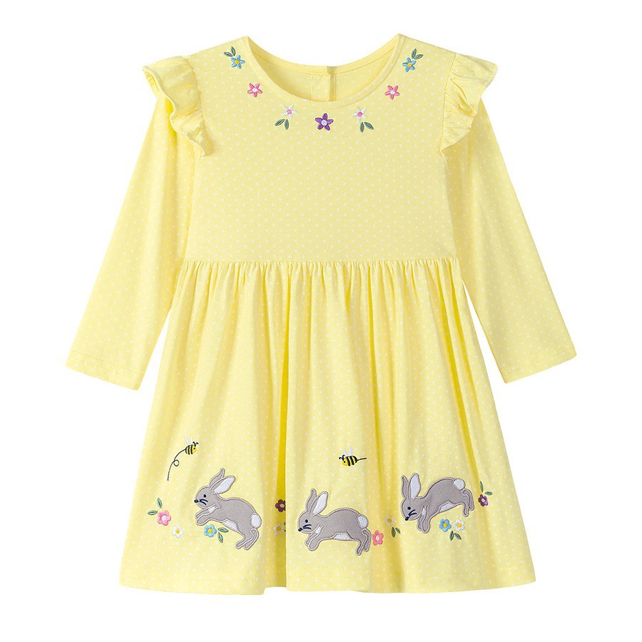 Autumn Arrival Cartoon Rabbits and Flowers Pattern Long Sleeves Crew Neck Dress for Stylish Girls-1