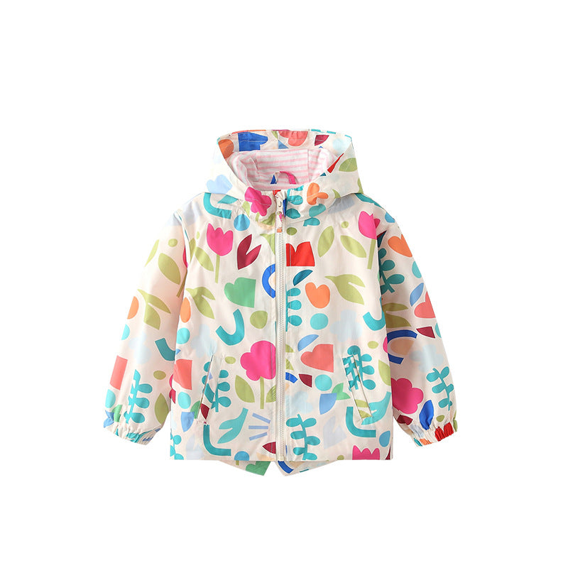 Arrival European and American Style Girls’ Hooded Zip-up Colorful Flowers Pattern Coat with Long Sleeves