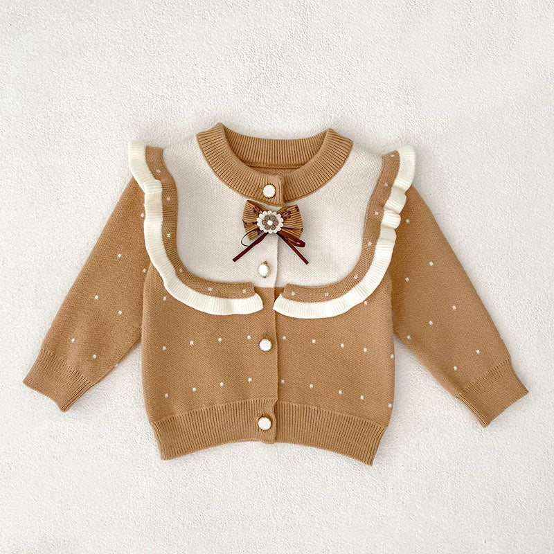 Autumn Arrival Baby Girls Comfortable Dots Pattern Color Patchwork Knitted Long Sleeves Cardigan-1