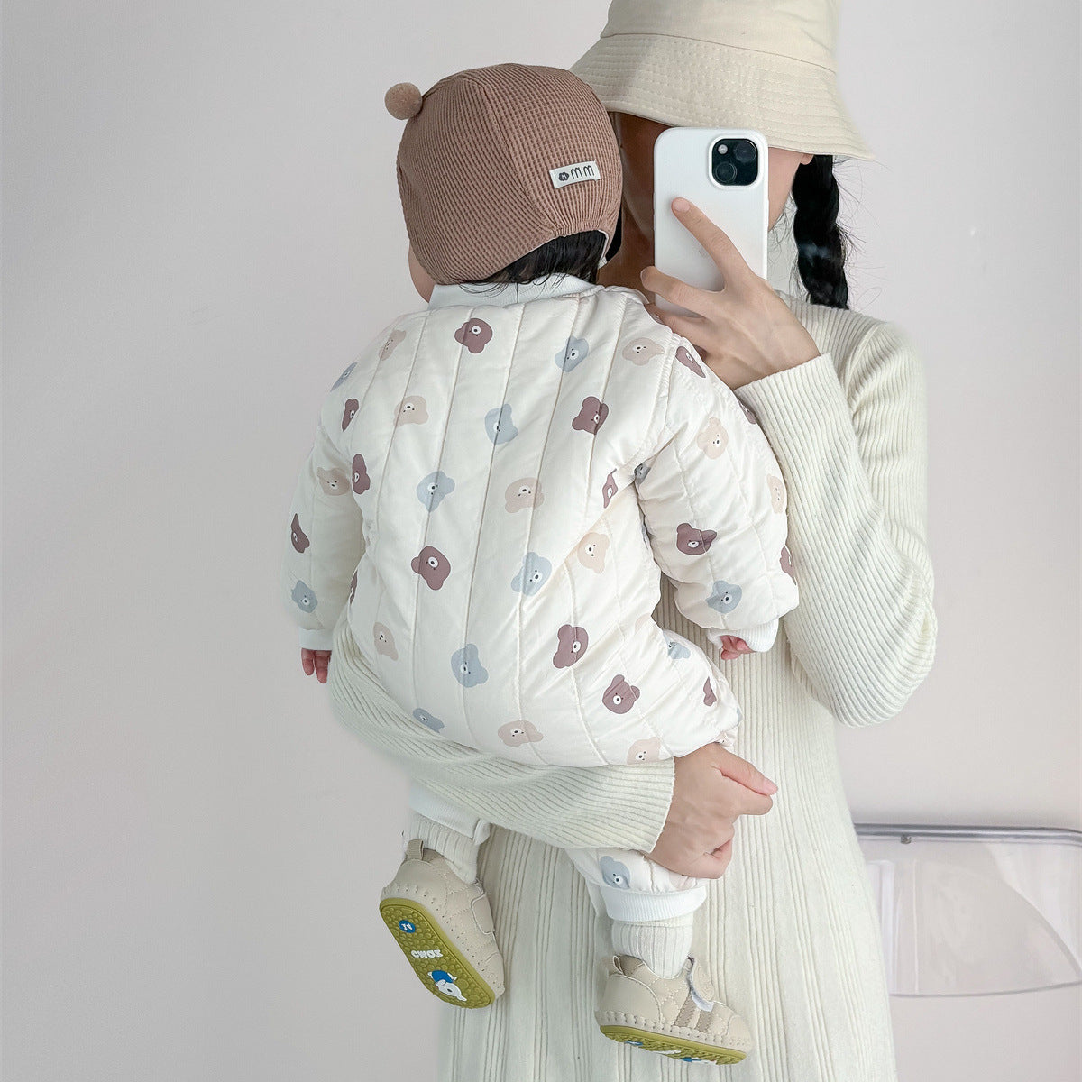 Autumn and Winter Arrival Unisex Baby’s Teddy Printed Fleece-lined and Thickened Rompers for Warmth-3