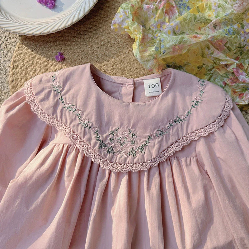 Arrival Girls Autumn French Flowers Embroidered Pattern Long Sleeves Dress