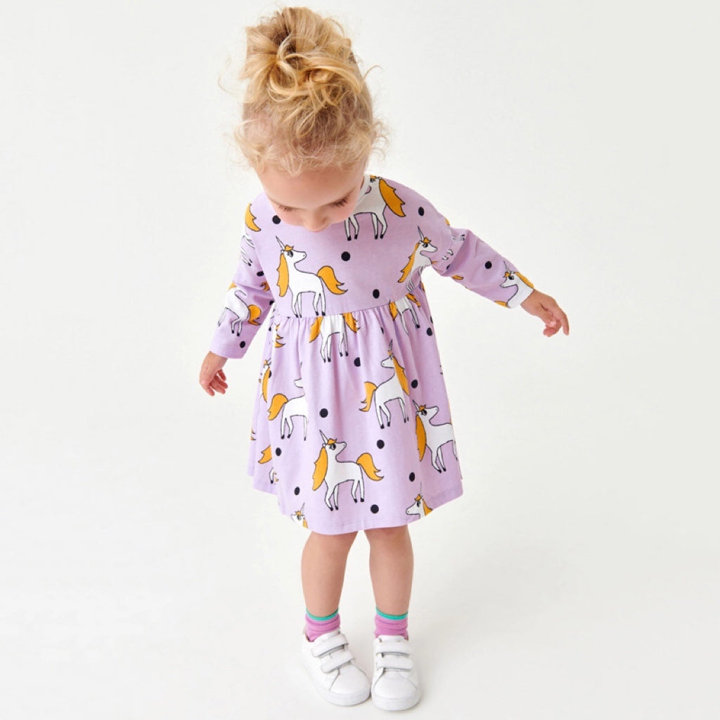 Baby Girl Unicorn Pattern Long Sleeves Style Dress In Autumn Wearing Outfits-4