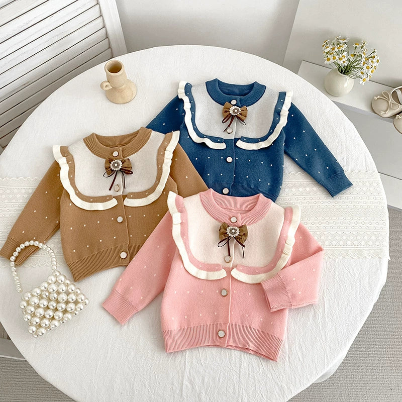 Autumn Arrival Baby Girls Comfortable Dots Pattern Color Patchwork Knitted Long Sleeves Cardigan-0