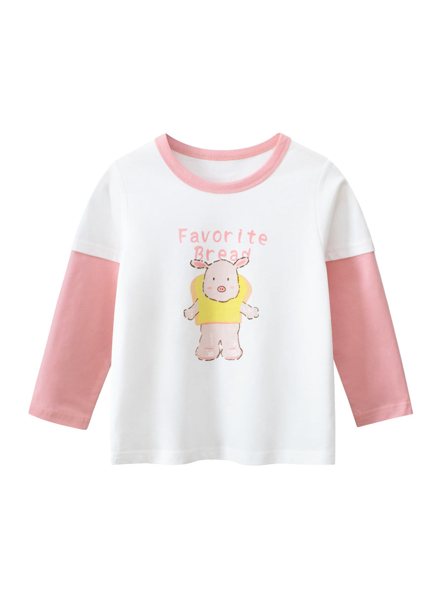 Autumn Arrival Kids Girls Animals Cartoon and Letters Print Crew Neck Color Patchwork Long Sleeves Pullover Sweatshirt-0