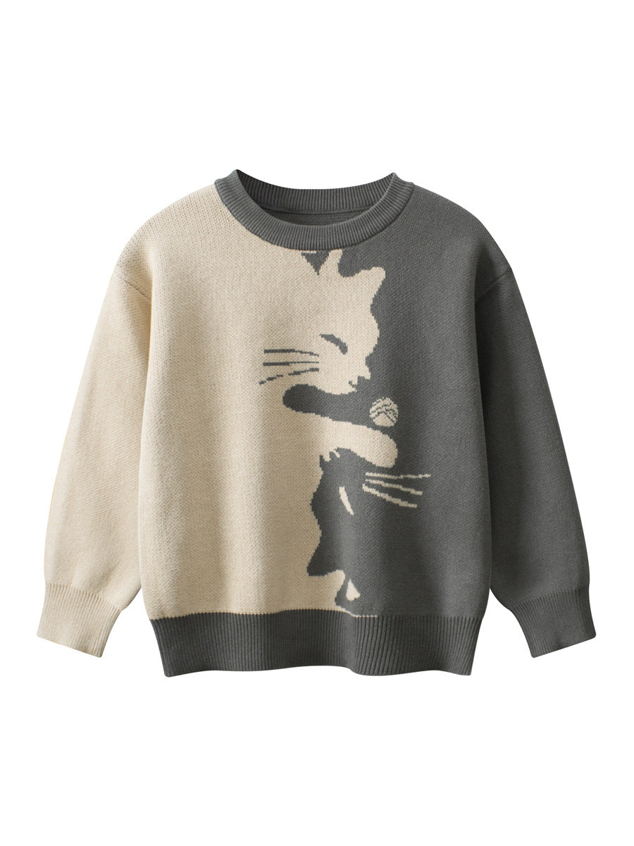Autumn Arrival Baby Girls Kids Cute Cat Pattern Crew Neck Long Sleeves Knitted Sweatshirt Pullover-0
