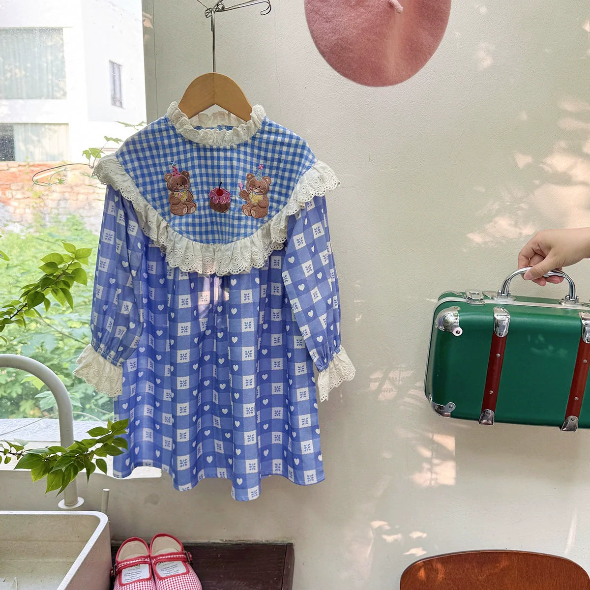 Arrival Girls Autumn Teddy Bear and Plaid Pattern Long Sleeves Dress-3