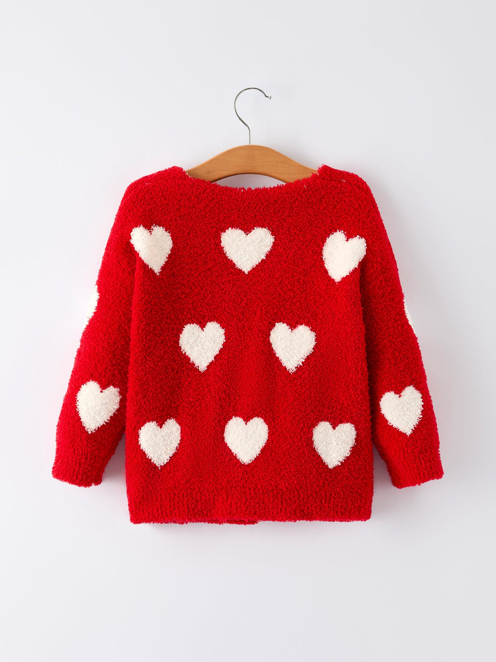 Valentine’s Day Girls Red Heart Pattern Fuzzy Knit Cardigan with Front Pockets