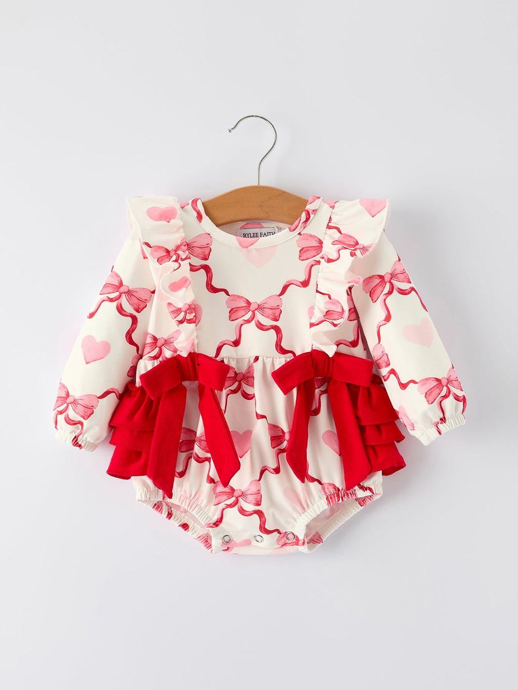 Girls Valentine Romper with Heart Print and Bowknot Design