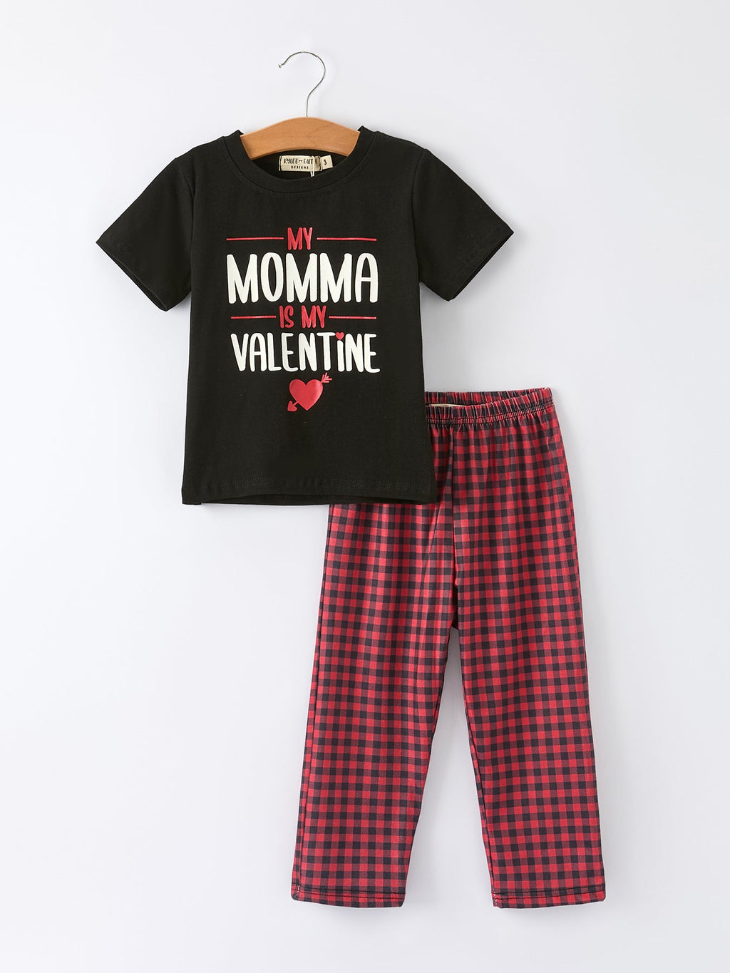 Valentine's Day Letter Print Top + Plaid Pants Boys Set