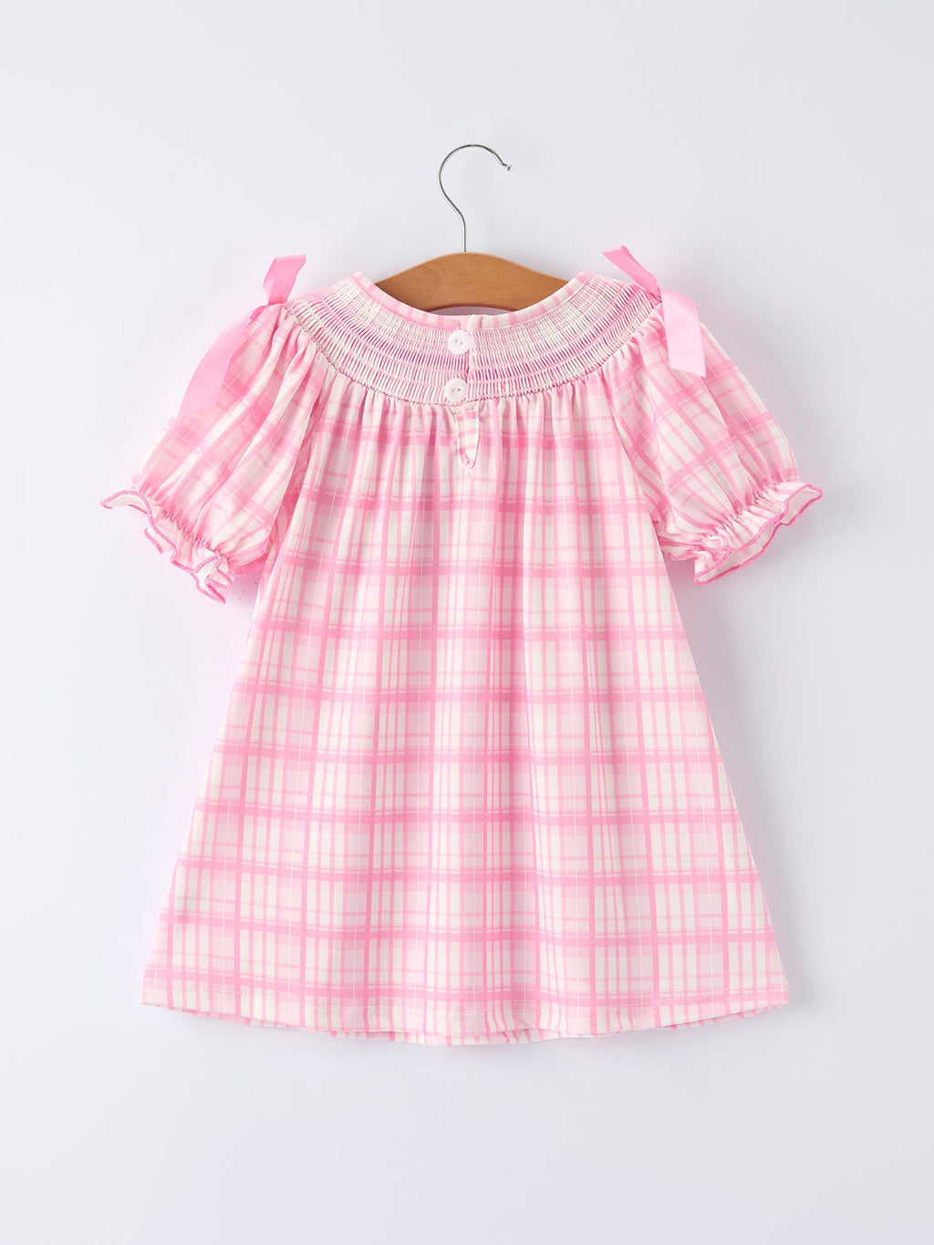 Valentine's Day Pink Plaid Smocked Heart Embroidery Girls Dress