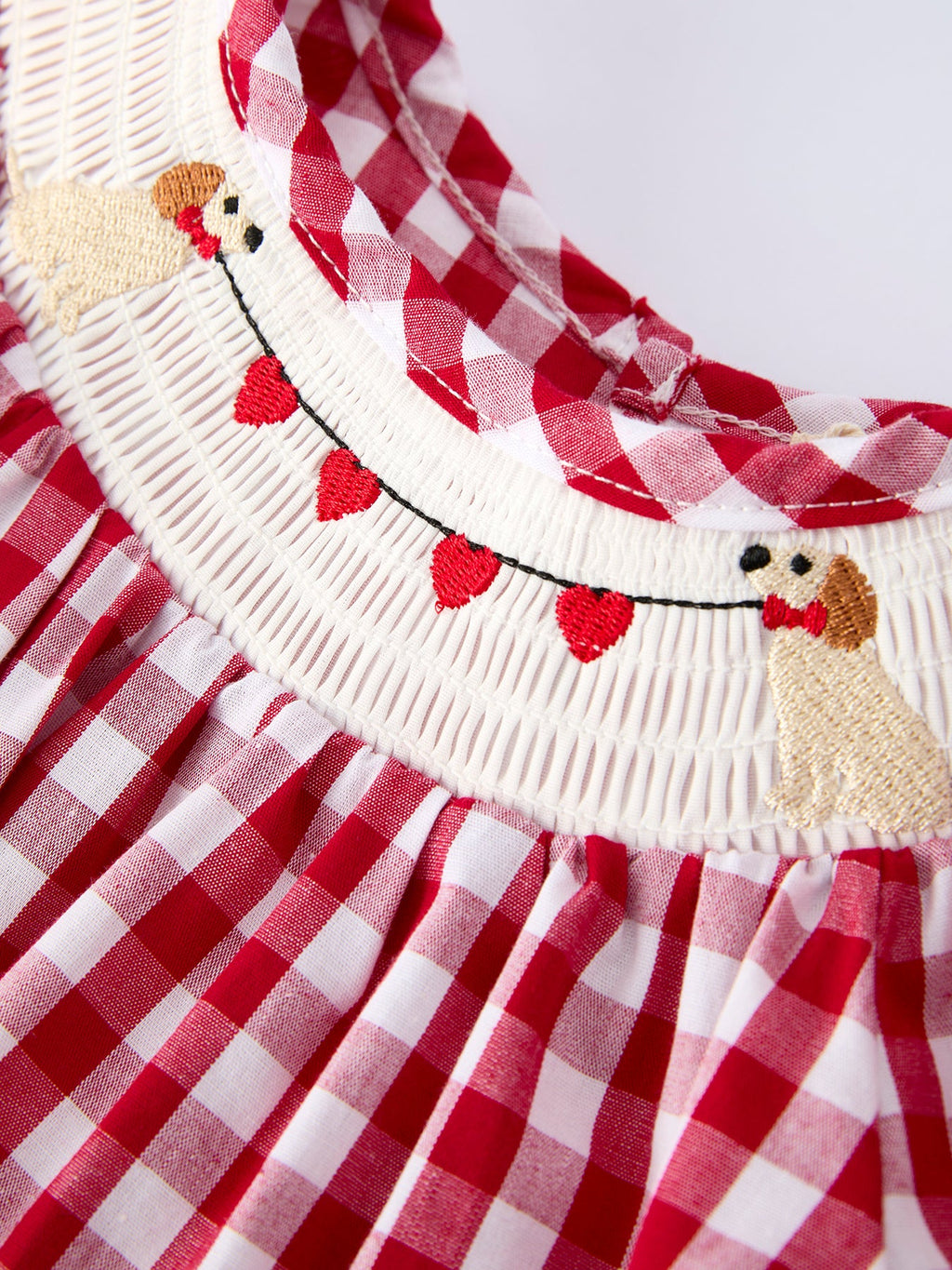 Valentine Red Plaid Romper with Smocked Heart Dog Detail and Bows