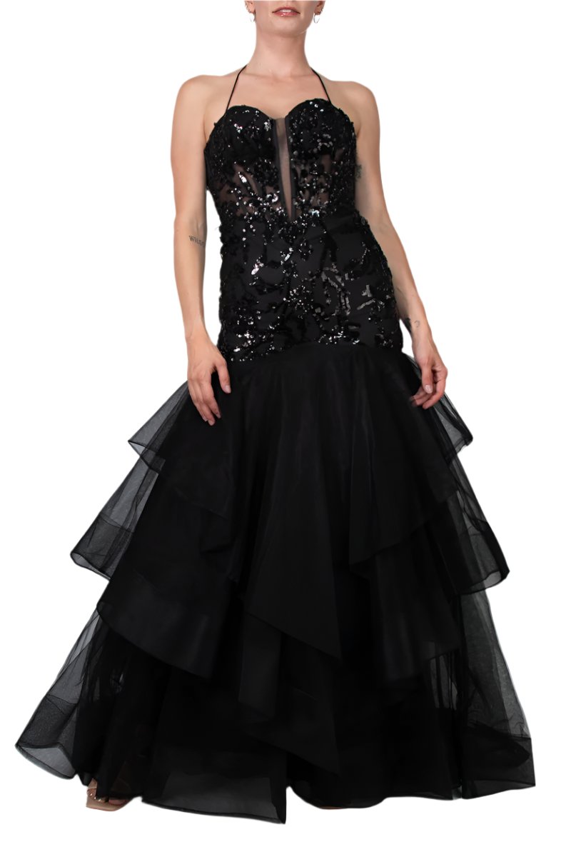 Colors Dress Embroidered Plunging Neckline Gown-0