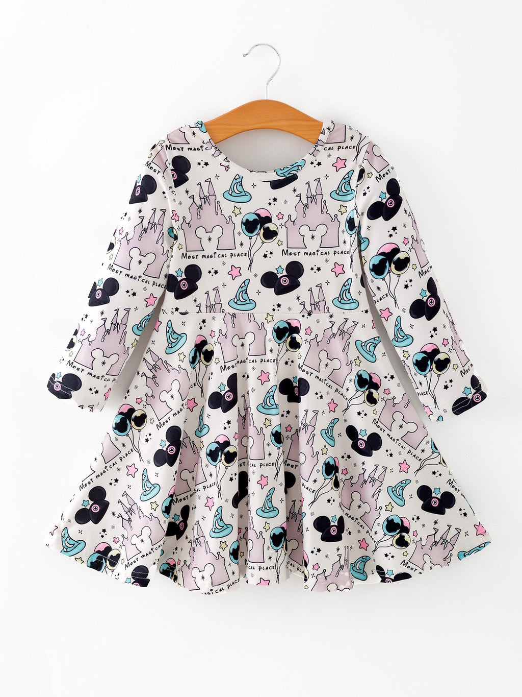 Valentine's Day Girls Castle Character Print Long Sleeve Dress