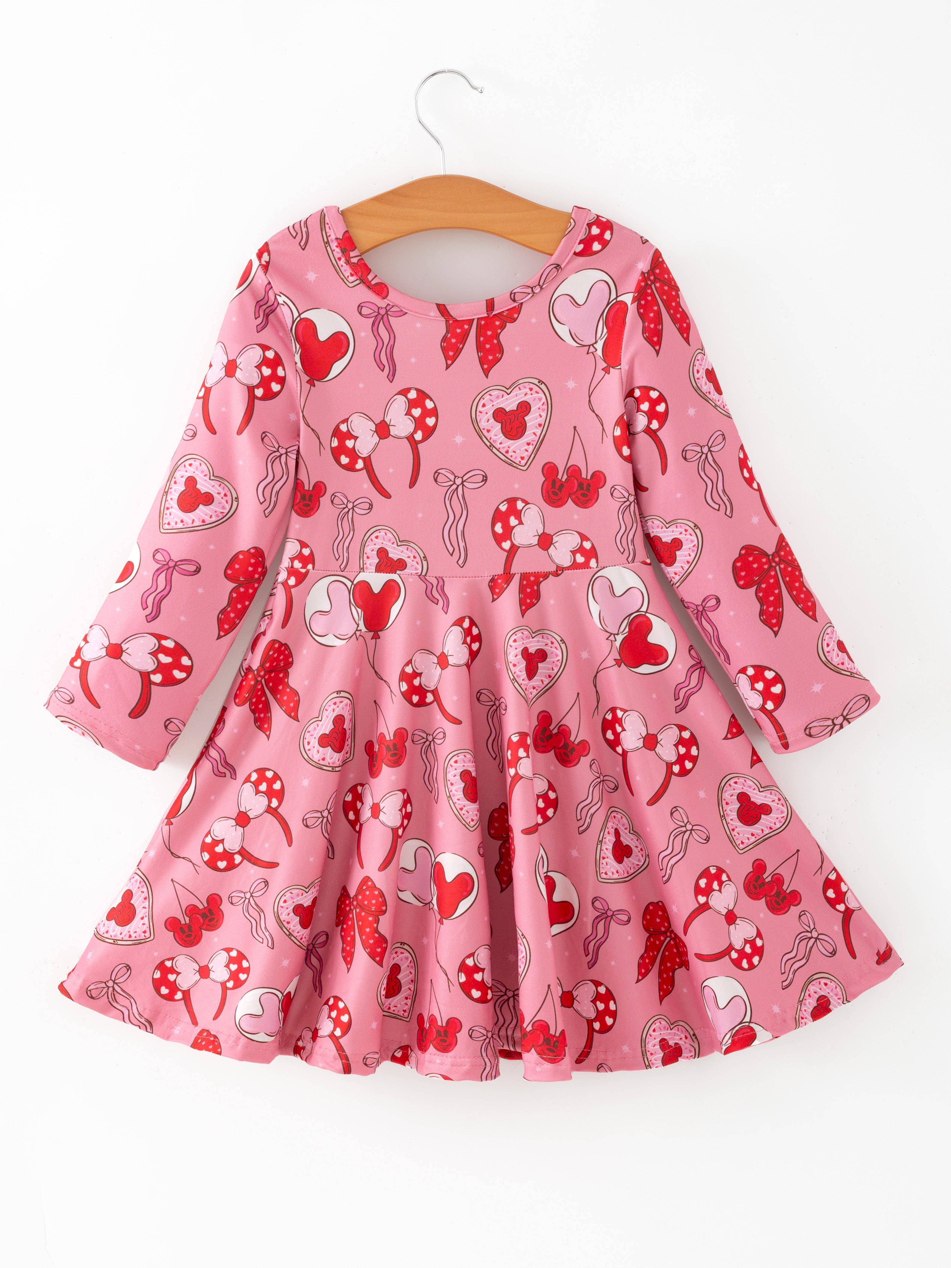 Toddler Girls Valentine Party Pink Dress – Red Bow Heart Print Outfit