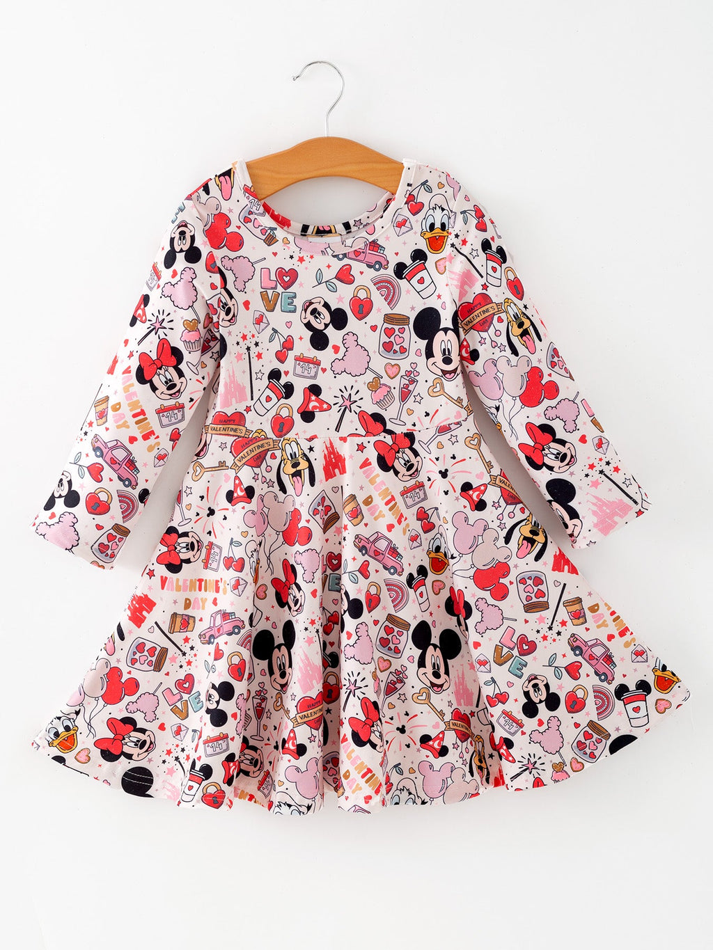 Valentine's Day Girls Balloon Fireworks Character Print Long Sleeve Dress