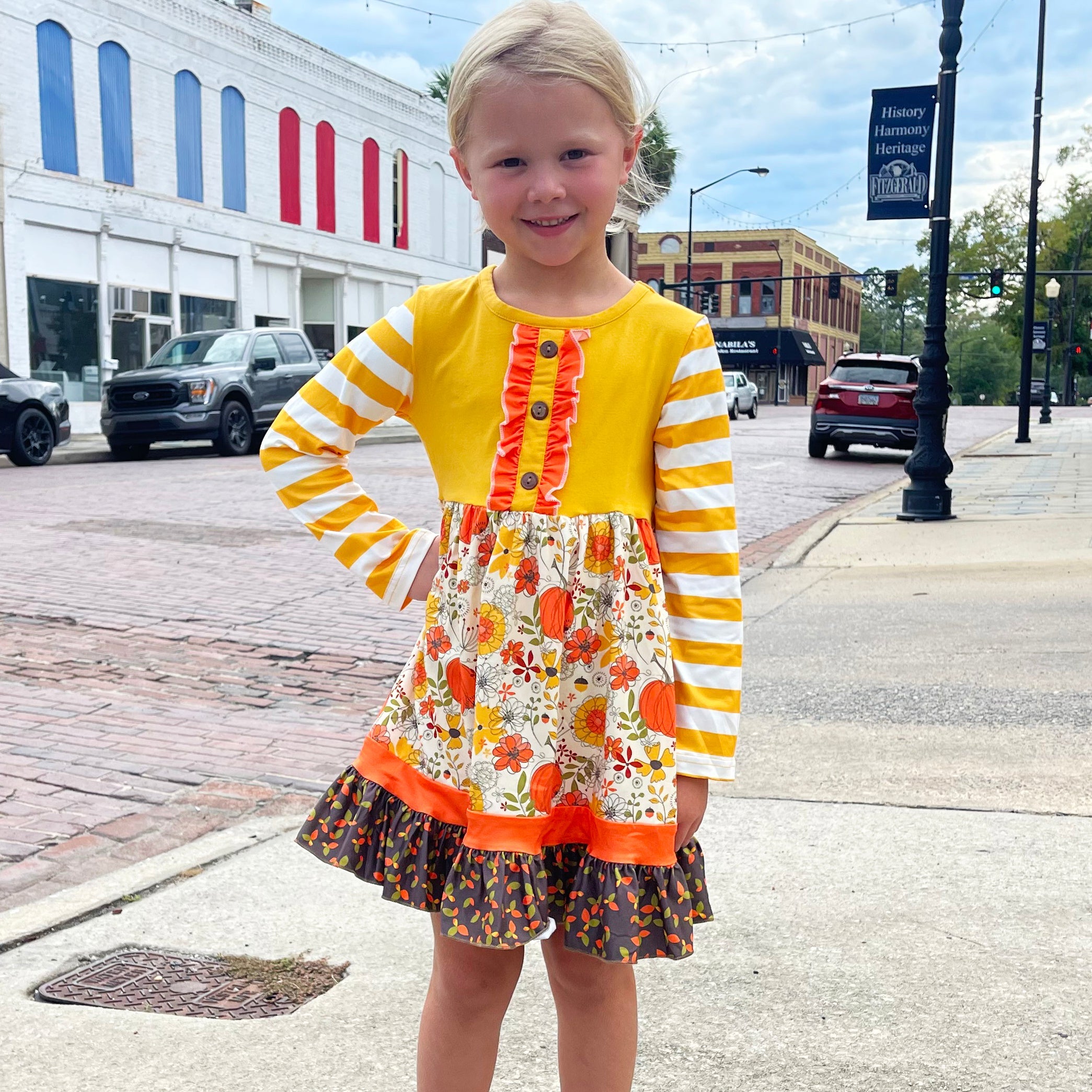 Toddler Girls Autumn Pumpkin Floral Cotton Knit Fall Long Sleeve Dress