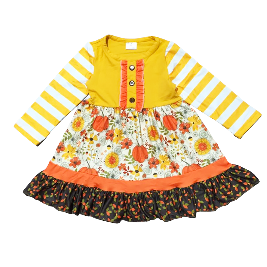 Toddler Girls Autumn Pumpkin Floral Cotton Knit Fall Long Sleeve Dress