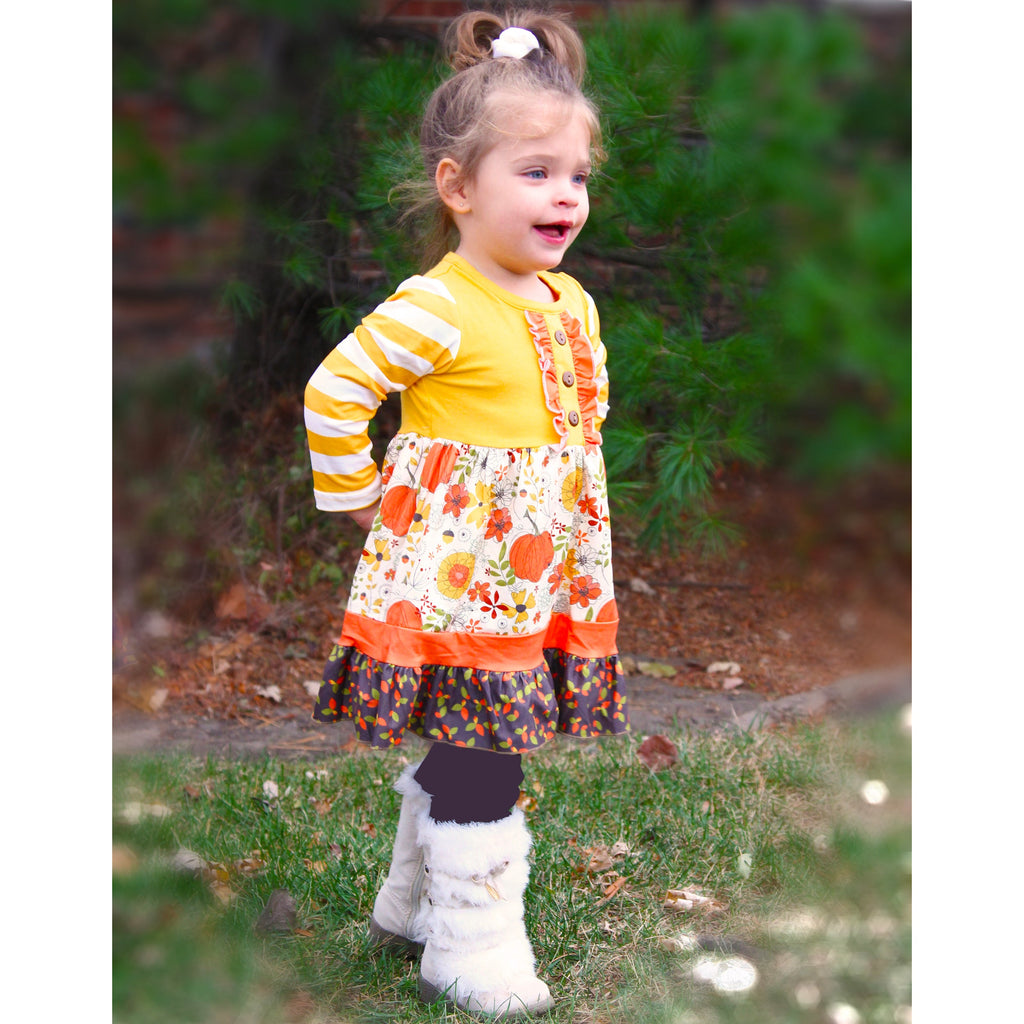 Toddler Girls Autumn Pumpkin Floral Cotton Knit Fall Long Sleeve Dress