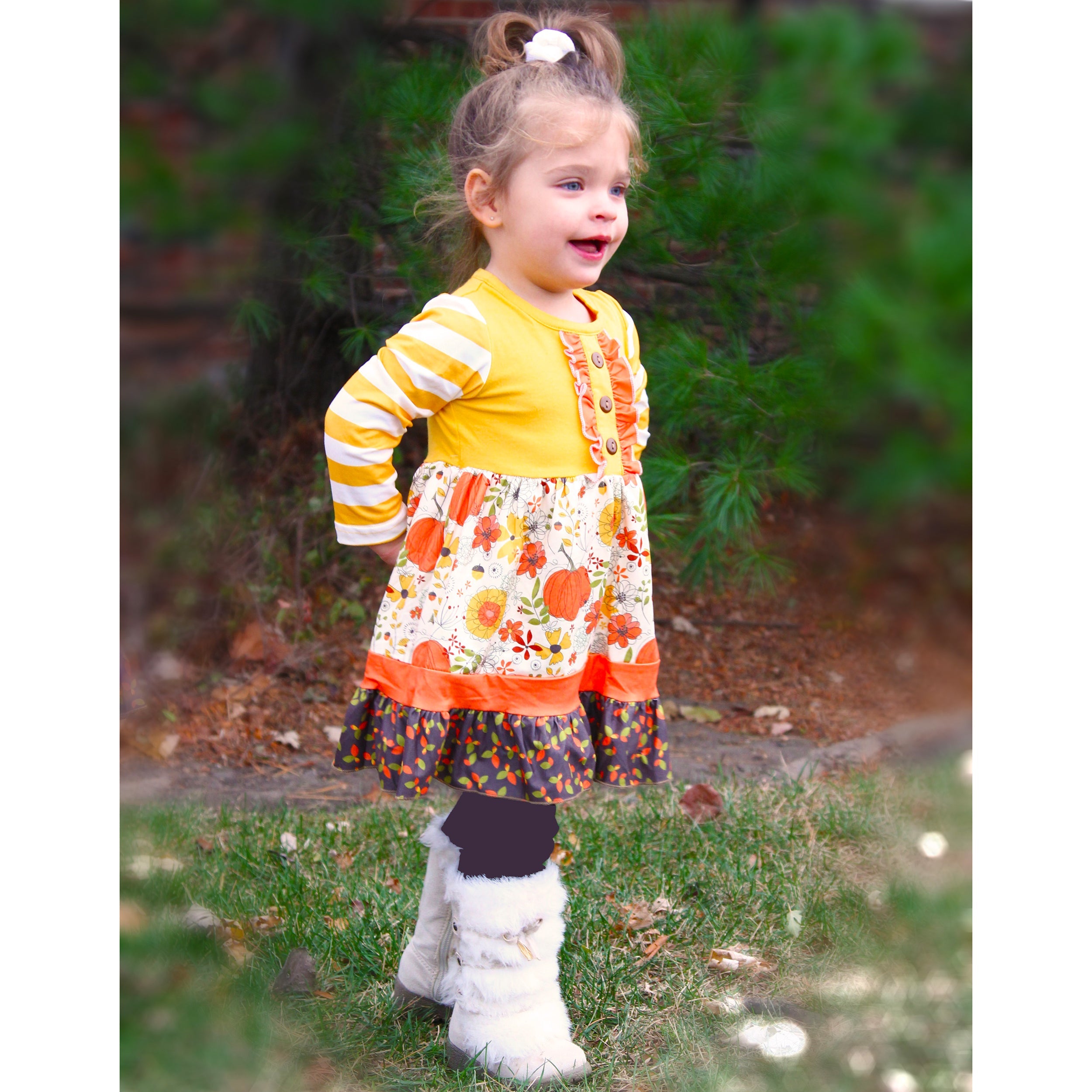 Toddler Girls Autumn Pumpkin Floral Cotton Knit Fall Long Sleeve Dress