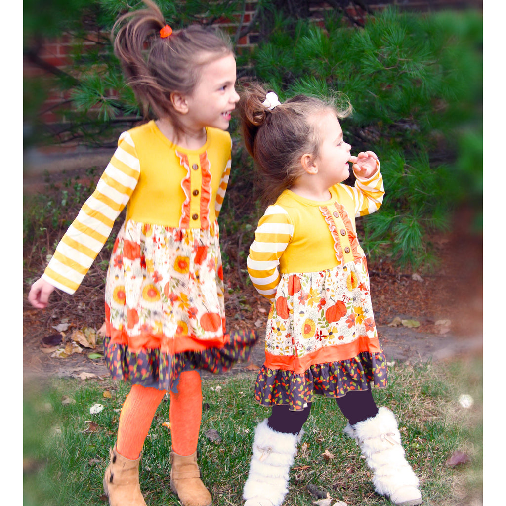 Toddler Girls Autumn Pumpkin Floral Cotton Knit Fall Long Sleeve Dress