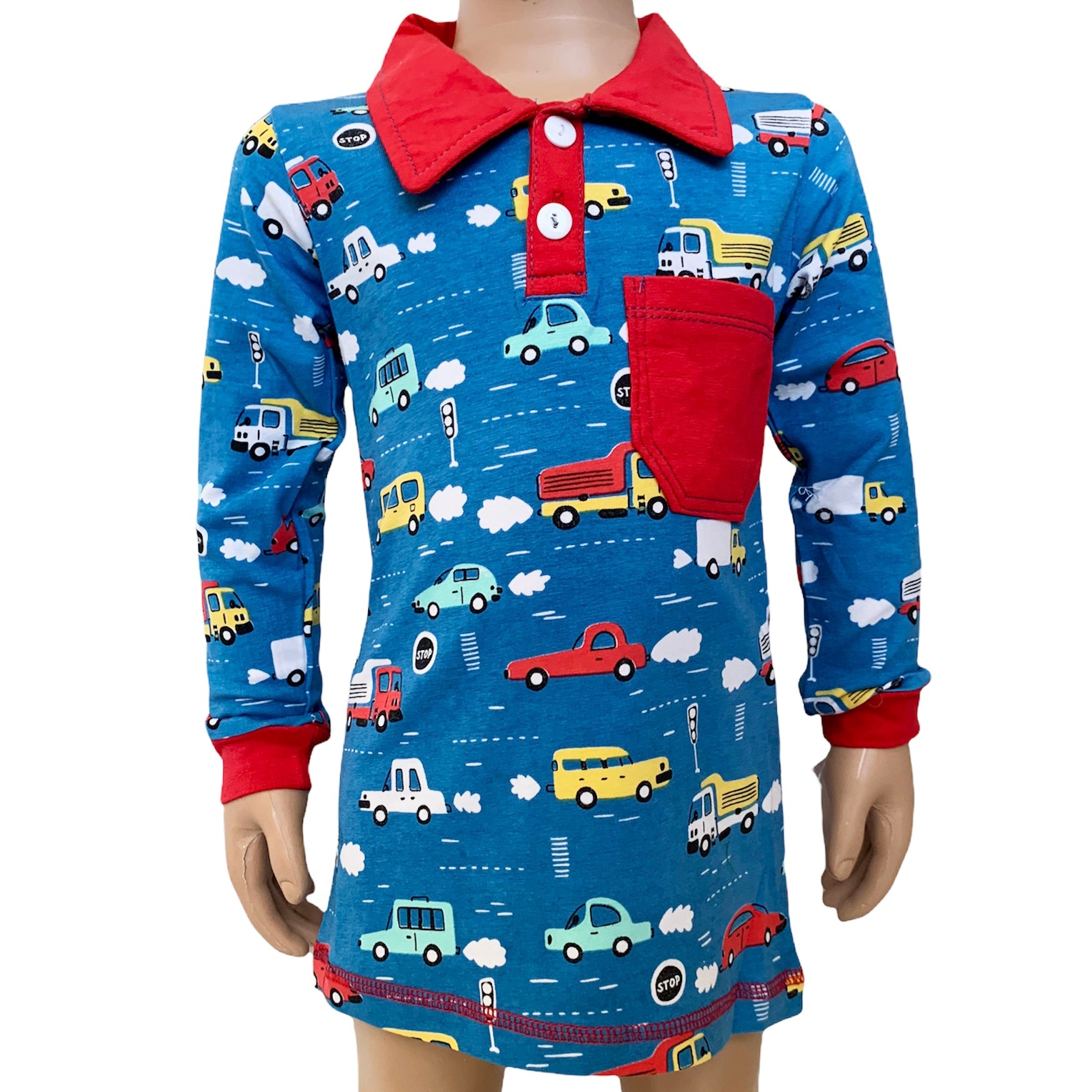 AnnLoren Toddler & Big Boys Long Sleeve Polo Shirt with Pocket Automobile Print-4