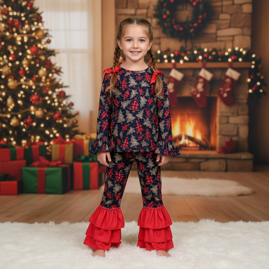 Buffalo Plaid trio trees two-piece ruffle set